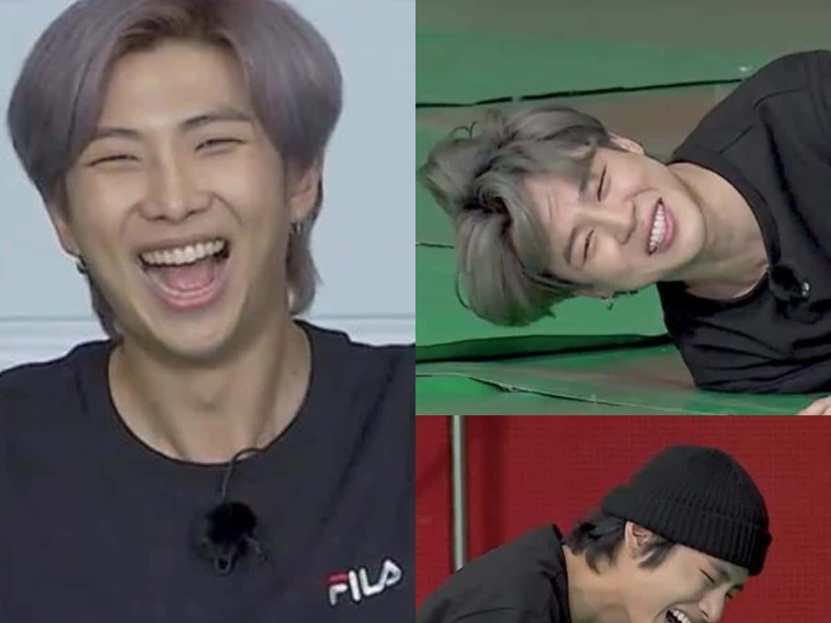 三位K-pop偶像在工作室照片中，擁有紫色和灰色頭髮，笑著。 — Bts 壁紙