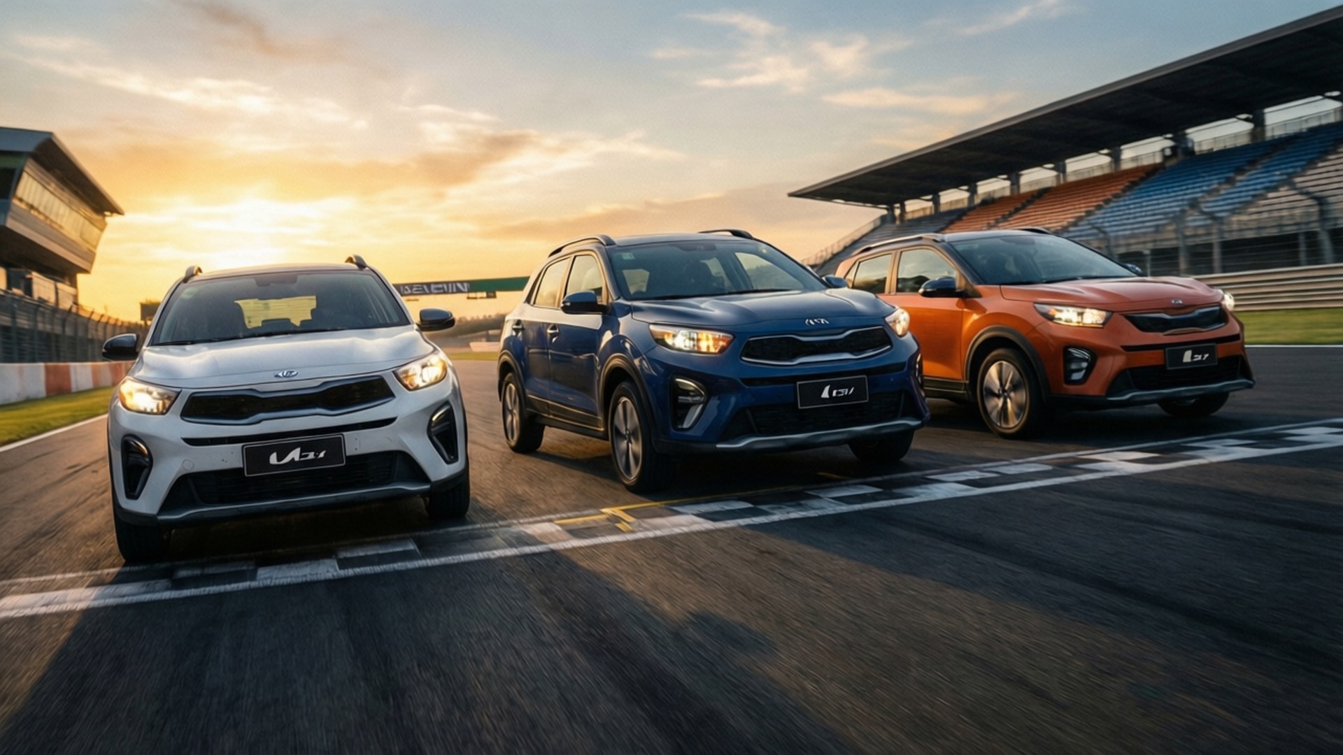 Kia Trio at Dawn 壁紙 — 三輛白色、藍色和橙色的Kia SUV在日落時分在賽道上飛馳，背景有看台。