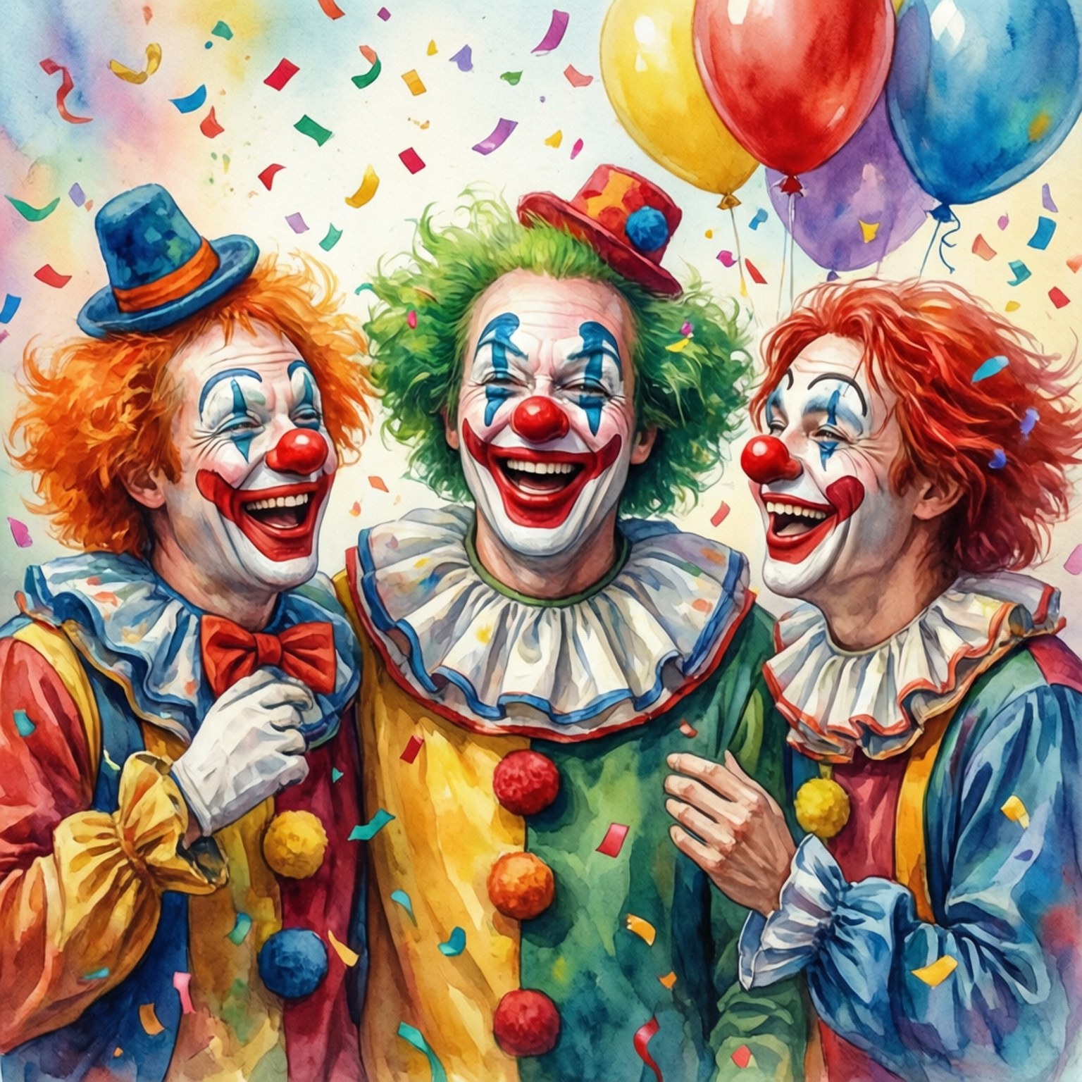 Laughing Clowns Watercolor 壁紙 — 三個穿著色彩繽紛服裝的笑臉小丑在明亮背景下用氣球和五彩紙屑慶祝。