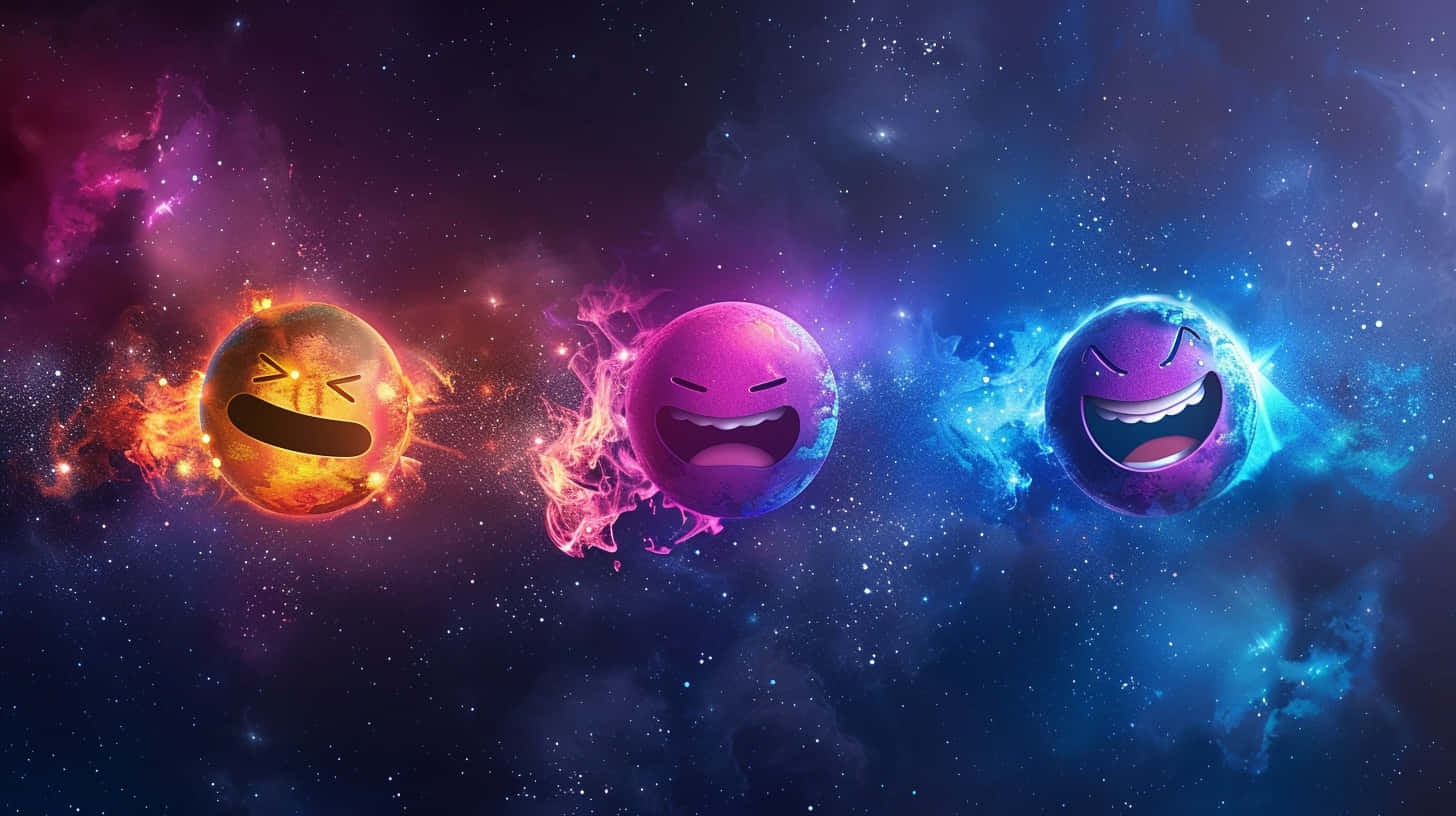  壁紙 — 三個笑臉表情符號行星在充滿活力的宇宙星雲中運行，帶有火熱的紫色和藍色能量。