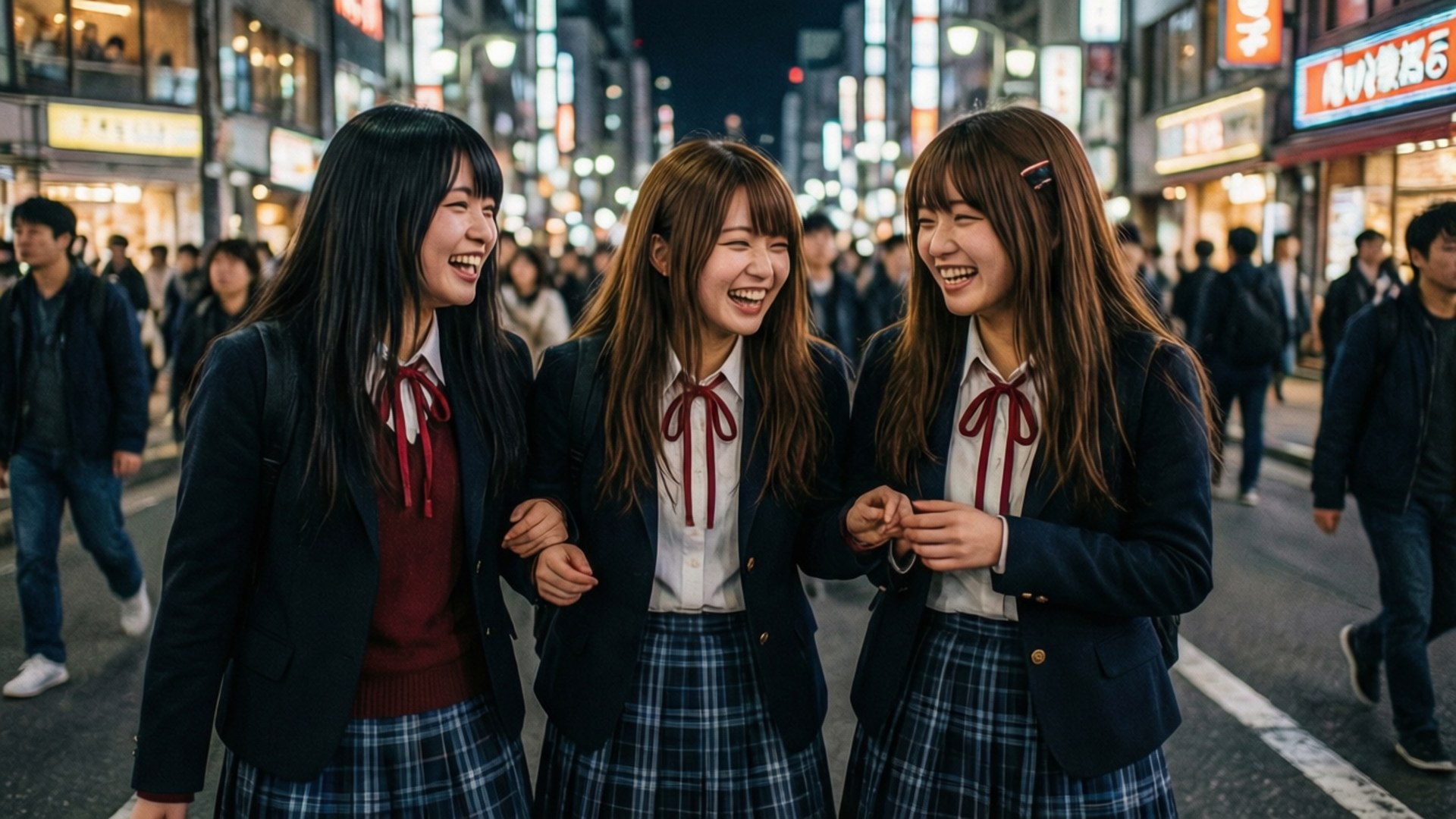 K-ON！輕音部 桌布 壁紙 — 三個穿著制服、笑著嘅日本女學生喺夜晚手挽手行喺一條燈光燦爛嘅霓虹燈街。
