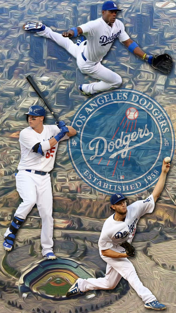 三位道奇隊棒球選手擺出動作姿勢，並帶有球隊標誌。 — MLB 壁紙