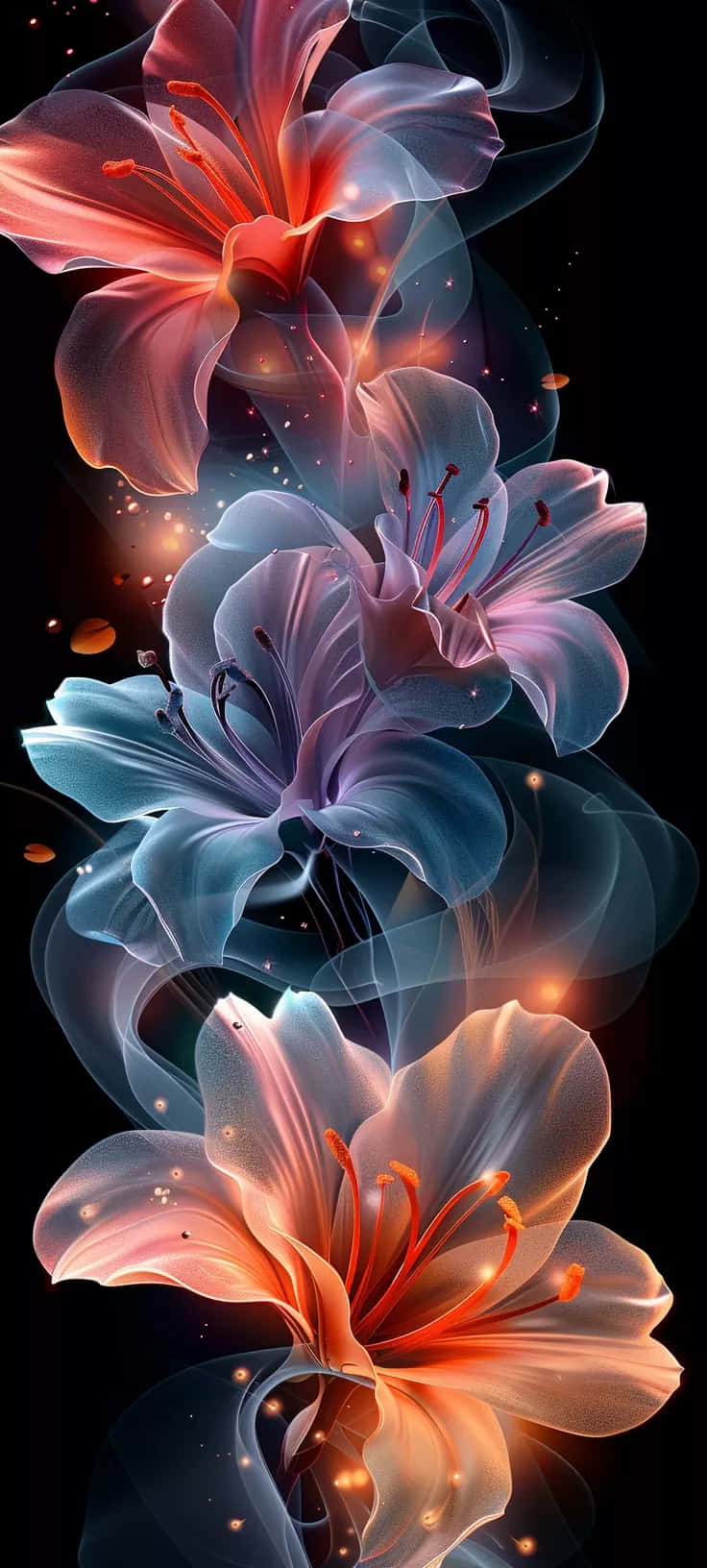  壁紙 — 三朵發光的百合花在黑暗的宇宙背景下，帶有漂浮的粒子，散發出火熱的橙色和冷藍色調。