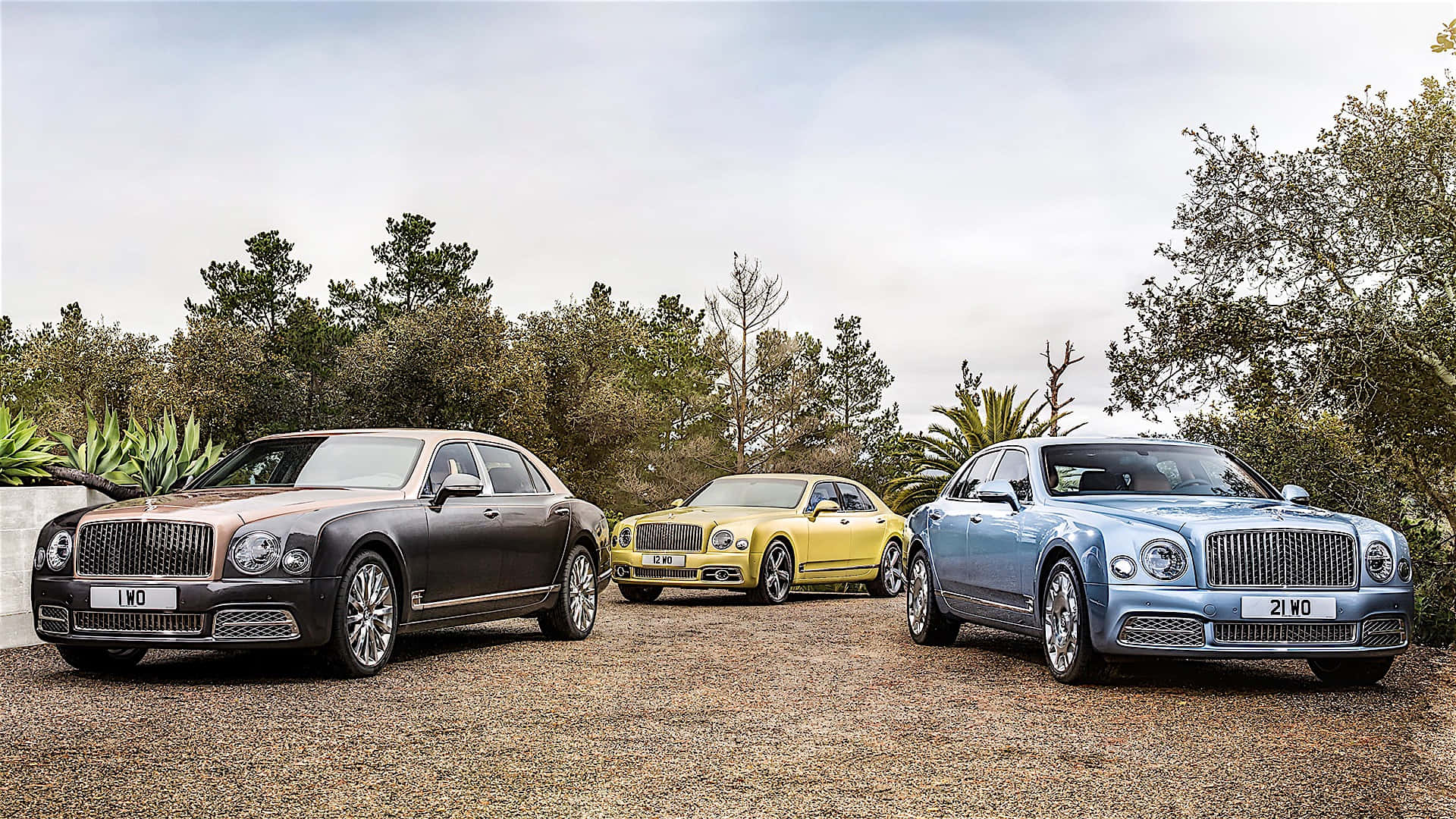 Bentley Mulsanne 桌布 壁紙 — 三輛豪華賓利轎車，分別為青銅色、黃色和藍色，停泊在碎石路上，周圍樹木環繞，天空多雲。
