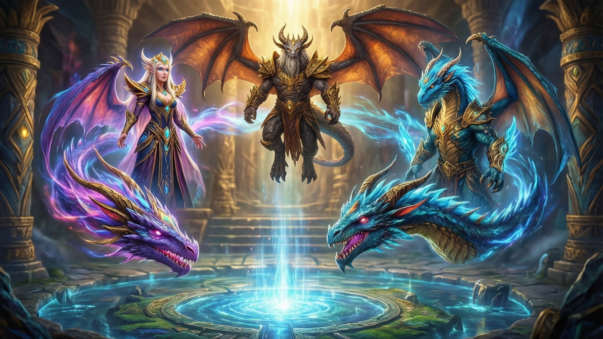 Aspects of Azeroth 壁紙 — 三條威猛的龍和兩個身穿盔甲的人物在古老寺廟中懸浮在一個發光的魔法圓圈上方。