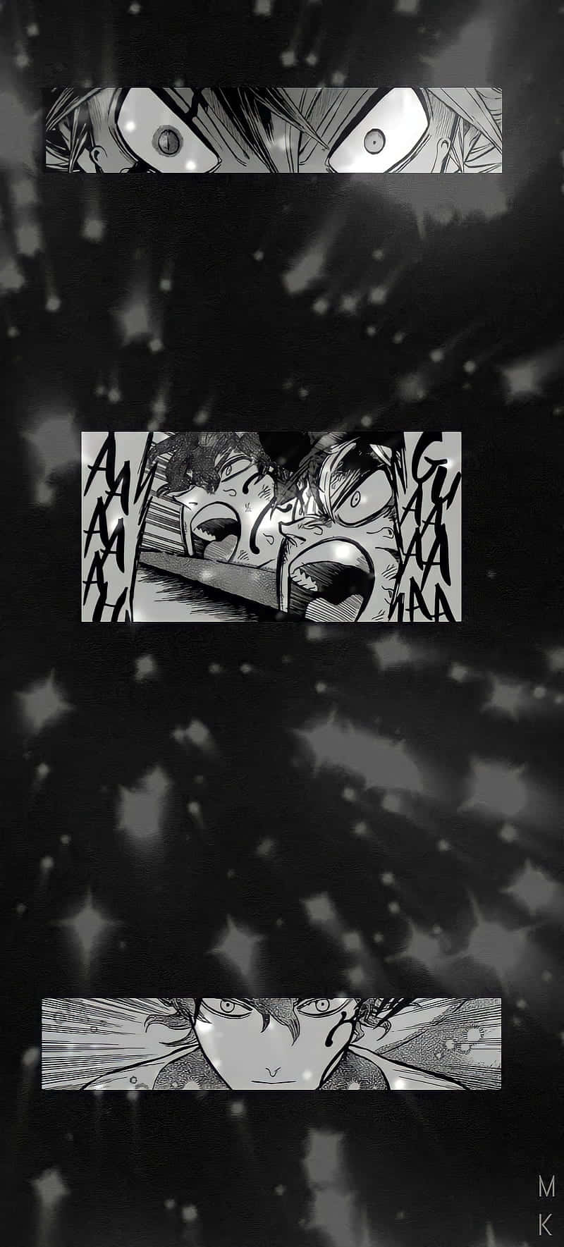  壁紙 — 三個漫畫面板顯示在黑暗星空背景和動態線條下，激烈尖叫的面孔。