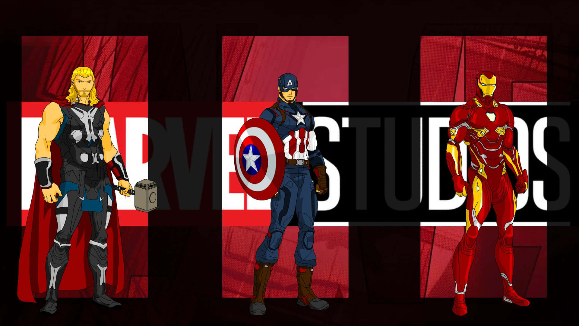  壁紙 — 三位Marvel超級英雄索爾、美國隊長和鋼鐵人英勇地站在大膽的紅色和黑色Marvel Studios背景前。