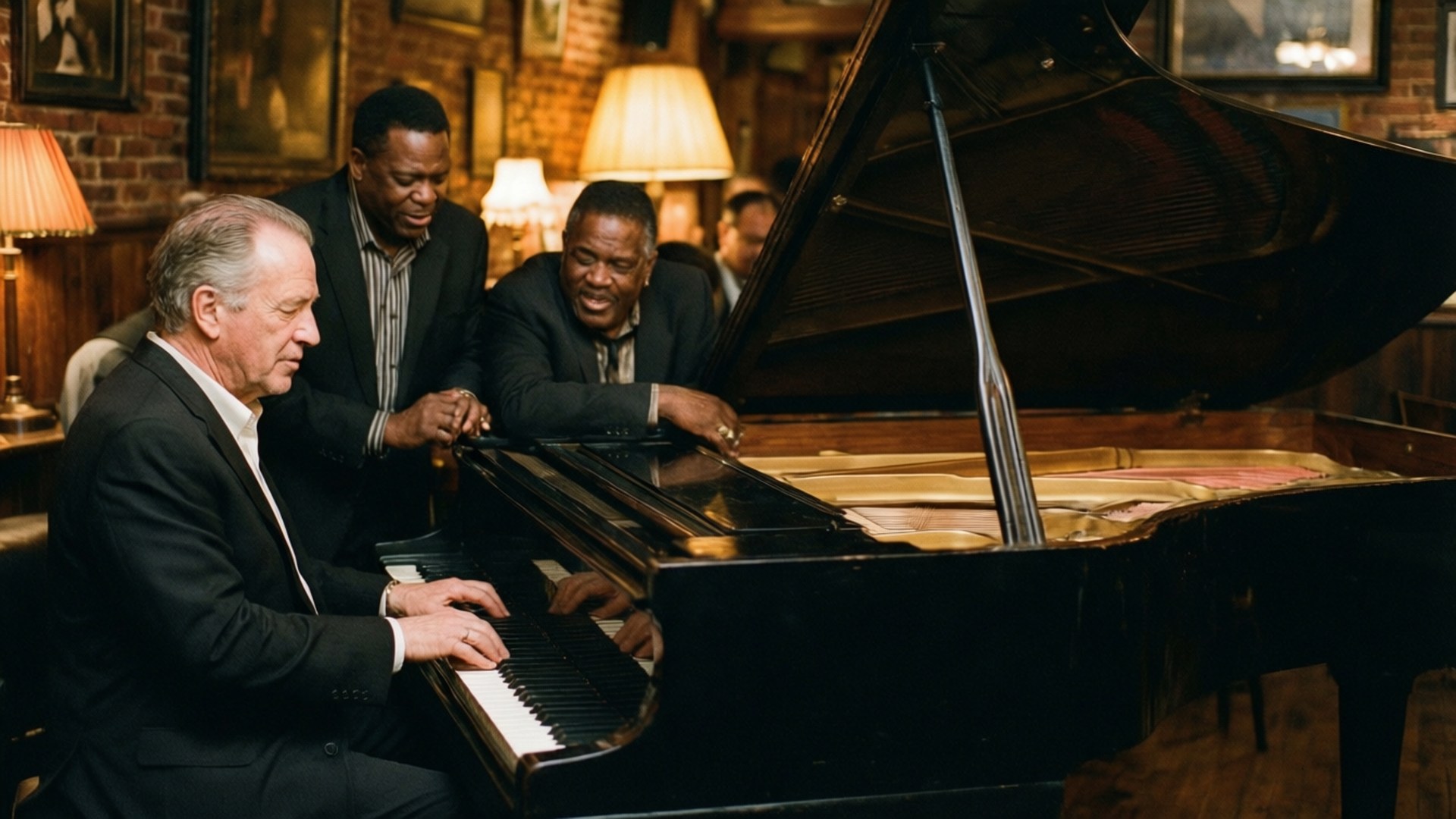 Piano Serenade 壁紙 — 三位身穿西裝的男子聚集在一部三角鋼琴周圍，身處一個燈光溫暖、磚牆、復古燈飾和裱框藝術品的爵士俱樂部。