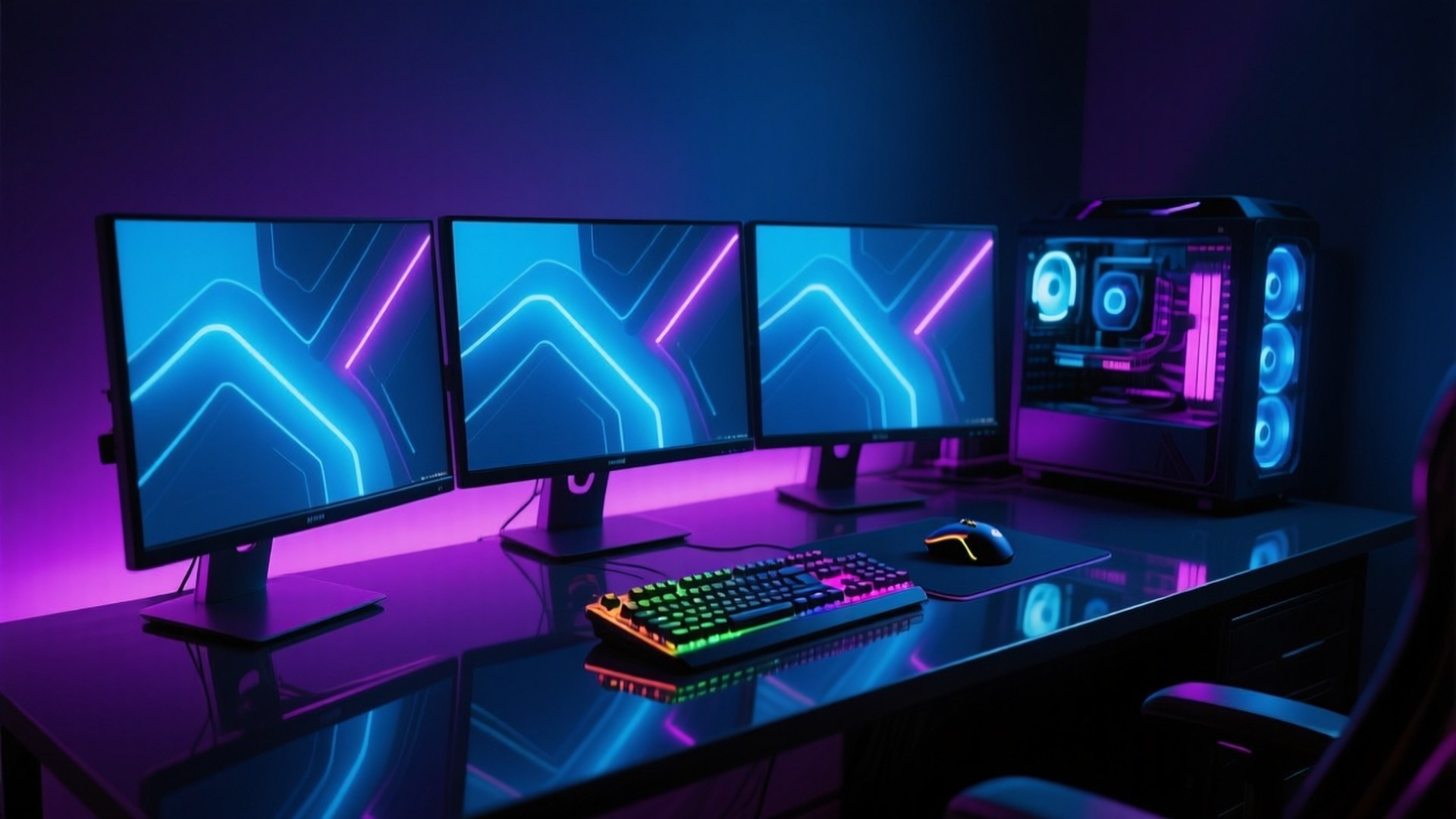 Gaming Battlestation 壁紙 — 三個顯示器顯示發光的藍色和粉紅色霓虹燈圖案，放在一張深色桌子上，旁邊是一台亮著的遊戲電腦和RGB鍵盤。