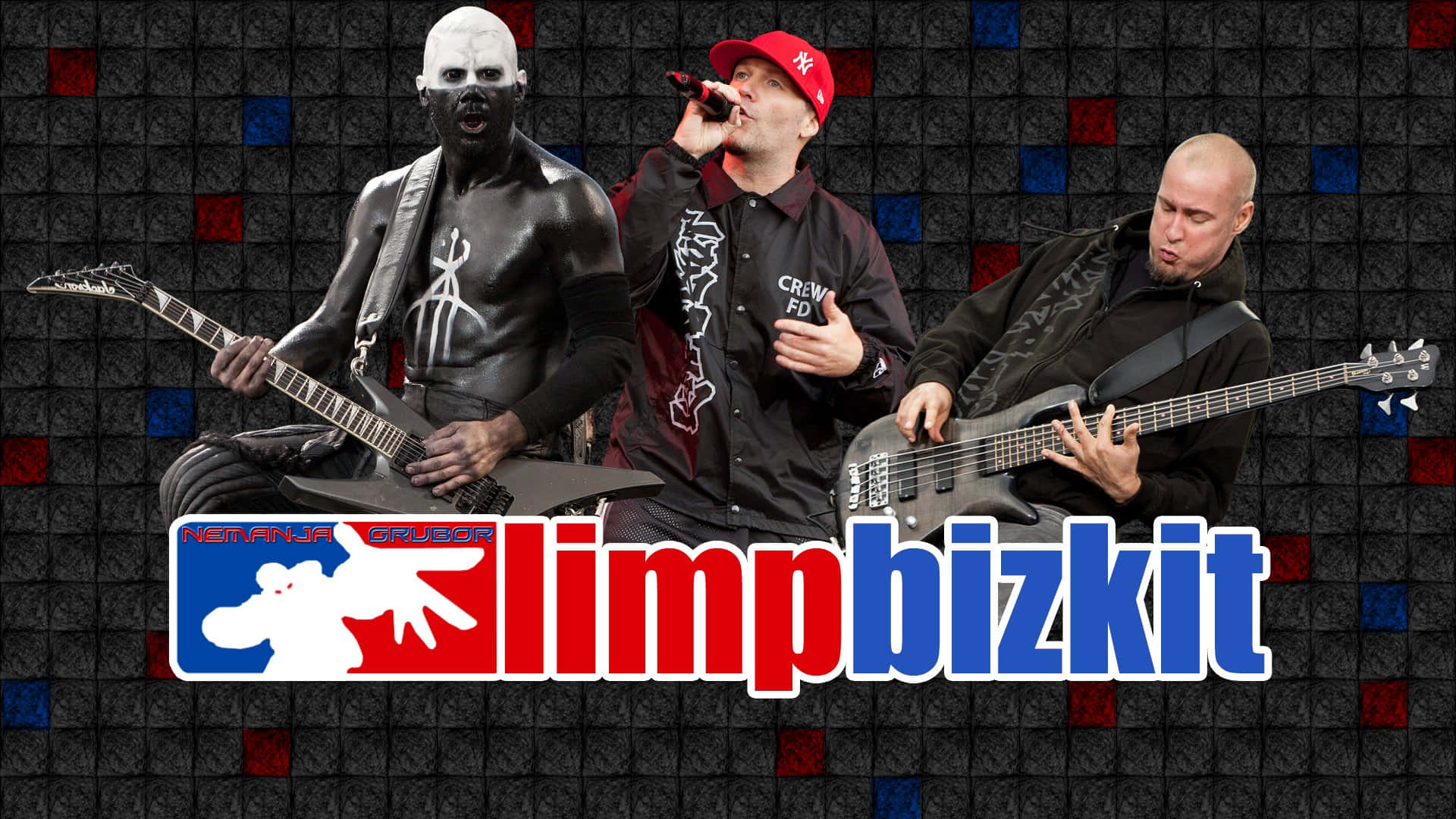  壁紙 — 三位 Limp Bizkit 的音樂人在紅藍格子背景前強烈擺姿勢，下方有他們的樂隊標誌。