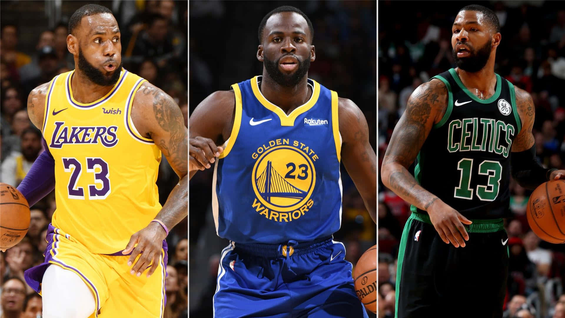 三位NBA籃球運動員在比賽中穿著球隊球衣進行動作。 — NBA 壁紙
