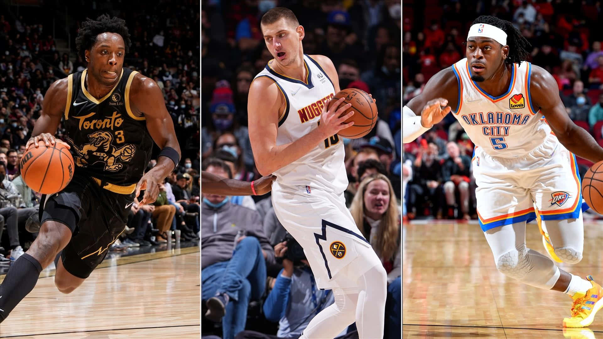 三位籃球運動員在木地板上比賽時移動，有觀眾。 — NBA 壁紙