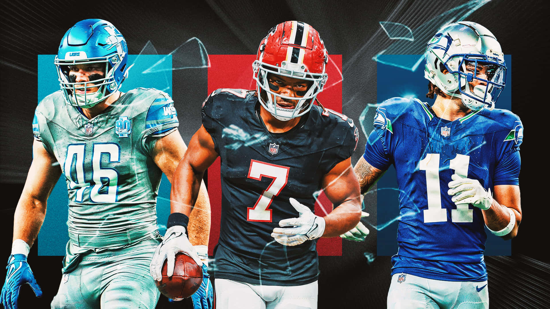  壁紙 — 三名身穿全套裝備的NFL美式足球員，在帶有發光能量線條的動感抽象背景前向前衝刺。