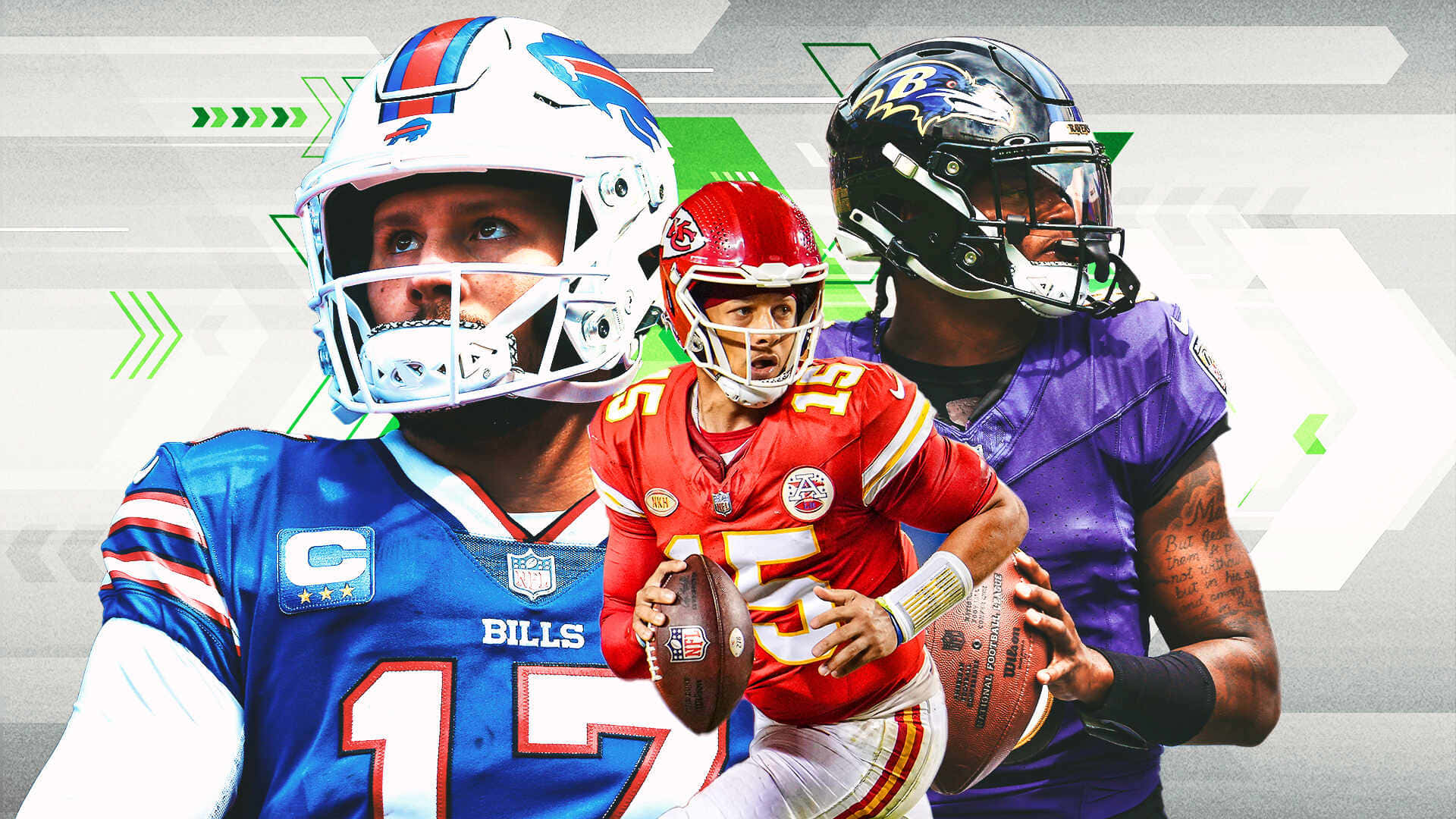  壁紙 — 三位身穿全套裝備的NFL四分衛在未來感幾何背景前動態擺姿勢。