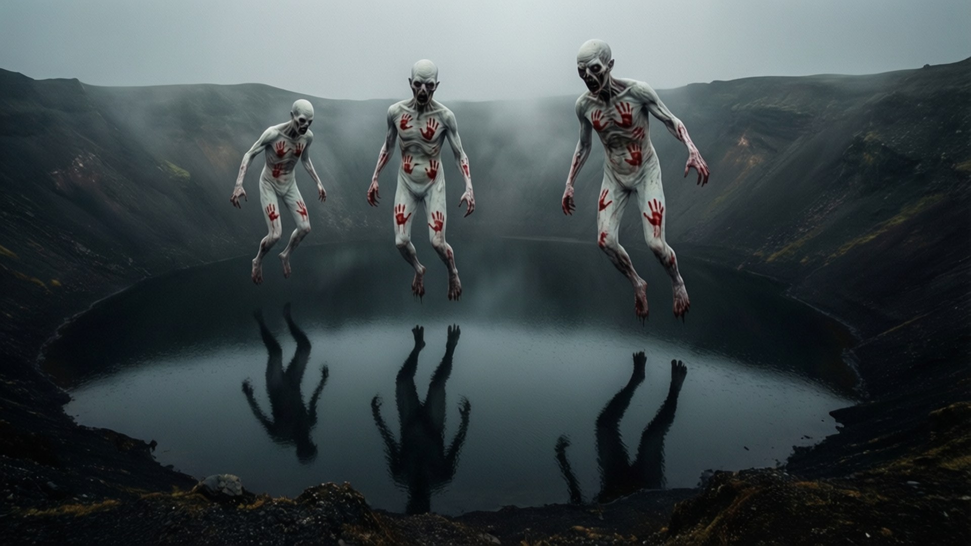 BTs Over Tar Crater Lake 壁紙 — 三個蒼白漂浮的人影帶有紅色手印，懸浮在霧氣瀰漫的火山口湖上方，湖面反射出它們倒置的形態。