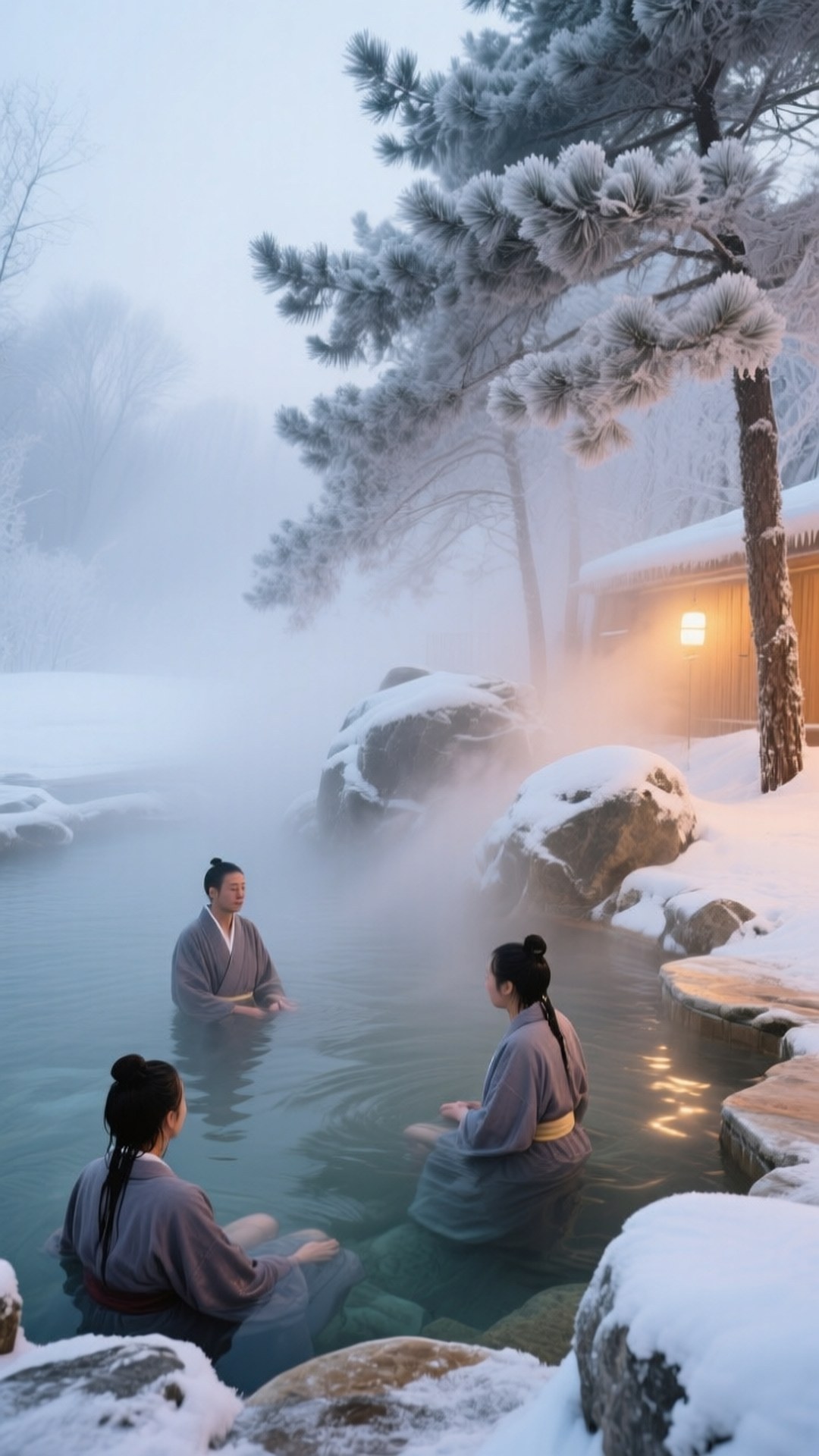 Winter Hot Springs 壁紙 — 三個穿著傳統長袍的人浸泡在蒸氣騰騰的戶外溫泉中，周圍是白雪覆蓋的松樹和薄霧。
