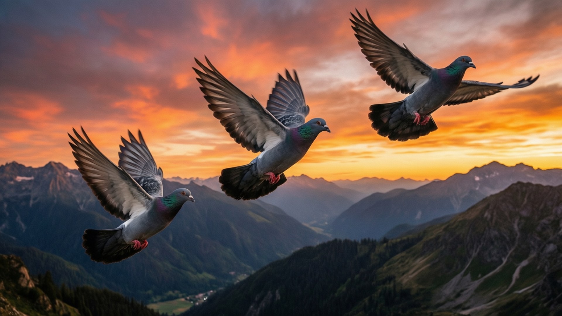 Doves Over Mountains 壁紙 — 三隻鴿子展翅翱翔，在崎嶇的山峰之上，映襯著火紅的夕陽天空。