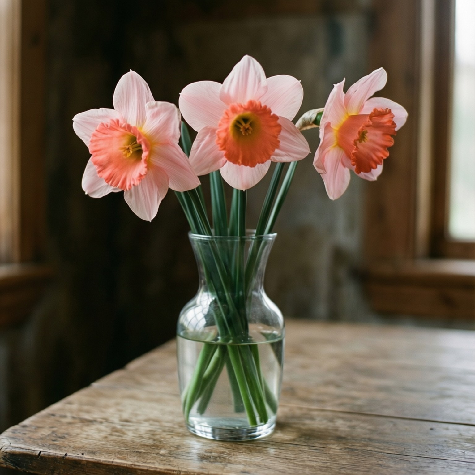 Pink Narcissus Still Life 壁紙 — 三朵粉紅色水仙花，橙色花心，在窗邊的鄉村風格木桌上，盛開在透明玻璃花瓶中。