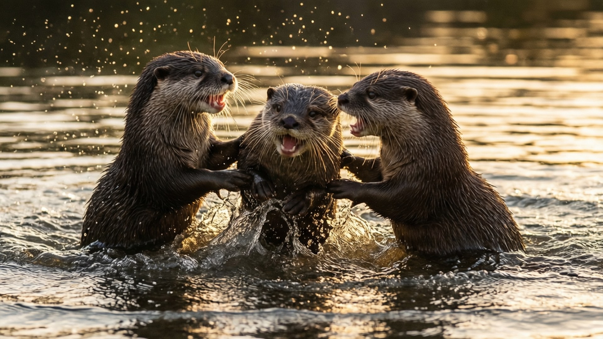 Otter Chase Splash 壁紙 — 三隻頑皮的水獺在黃金時段的水中潑水嬉戲，周圍濺起閃閃發光的水滴。