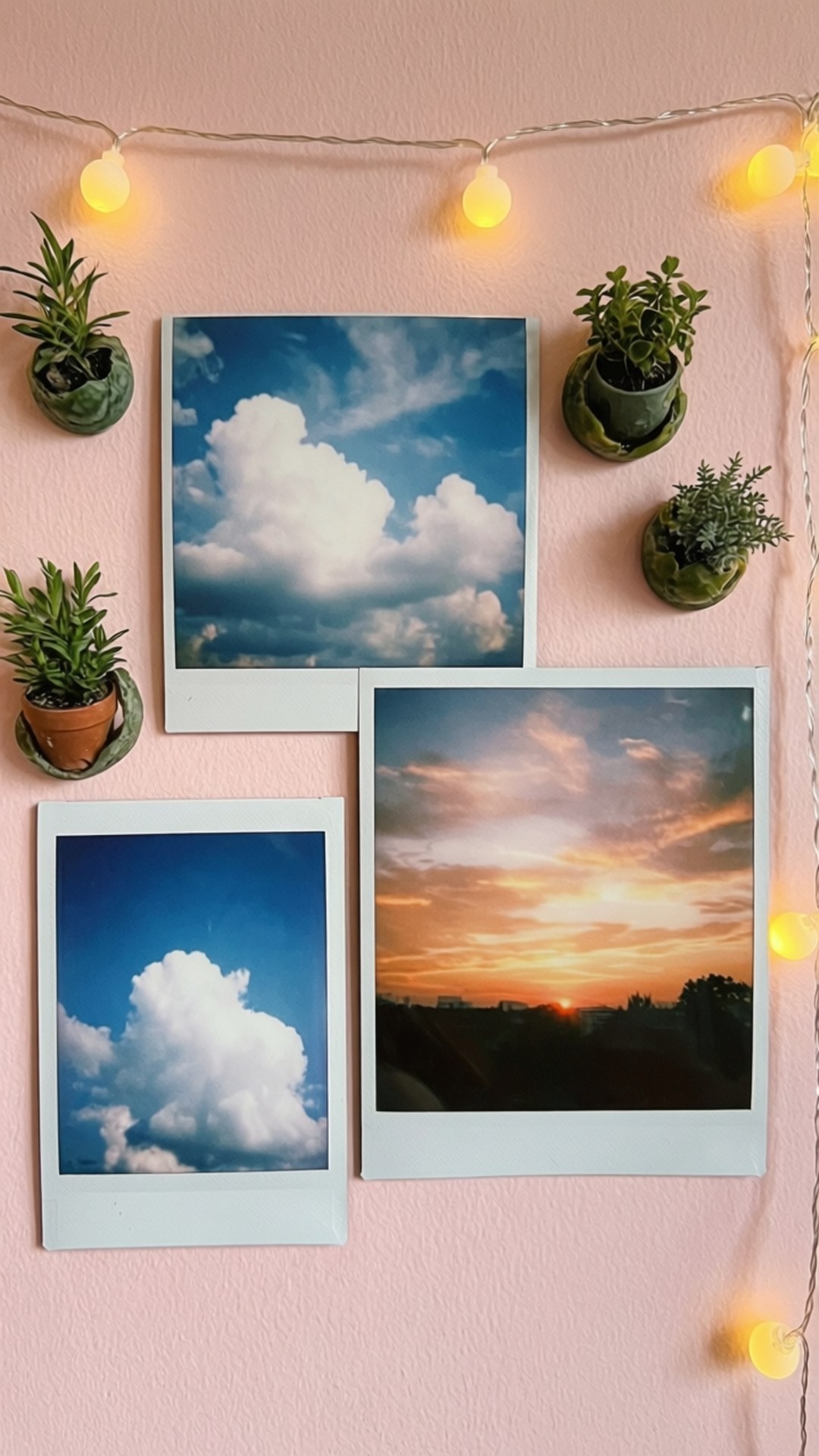 Polaroid Collage Wall 壁紙 — 三張雲和日落的拍立得照片掛在粉紅色牆上，牆上裝飾著燈串和盆栽植物。