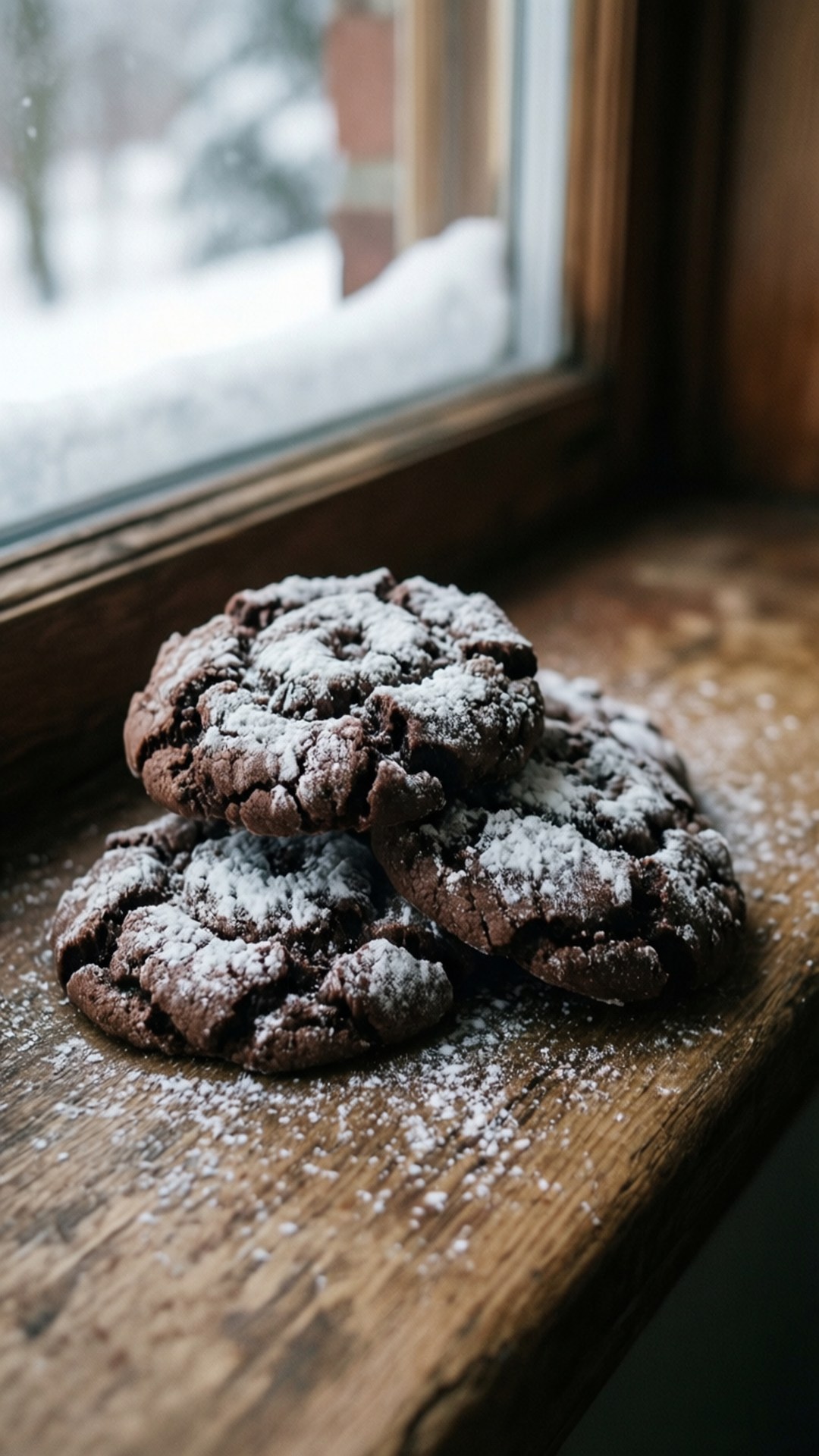 Snowy Windowsill Crinkles 壁紙 — 三塊撒上糖粉的巧克力餅乾放在質樸的木窗台上，窗外可見雪景。