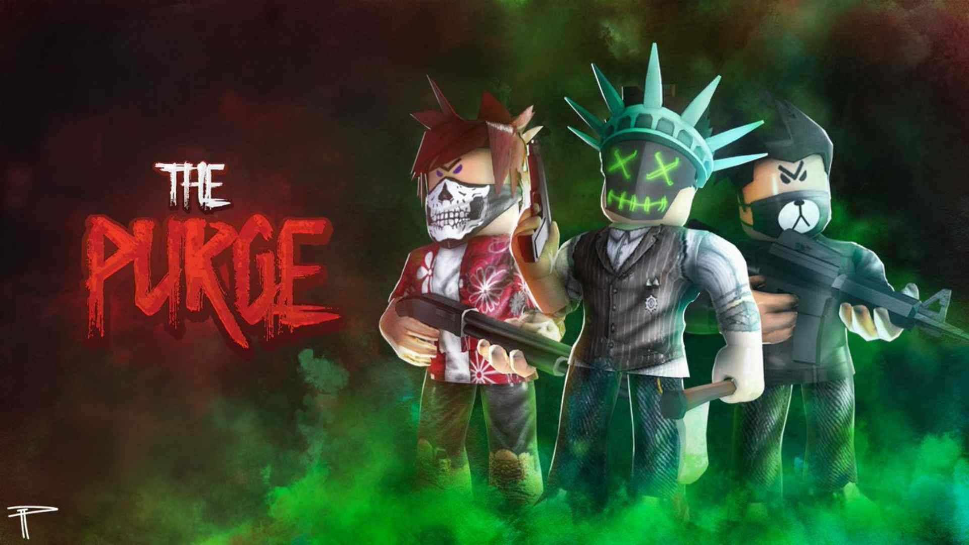 三個戴面具的 Roblox 角色手持武器，在綠色煙霧中，帶有 'The Purge' 文字。 — Roblox 壁紙