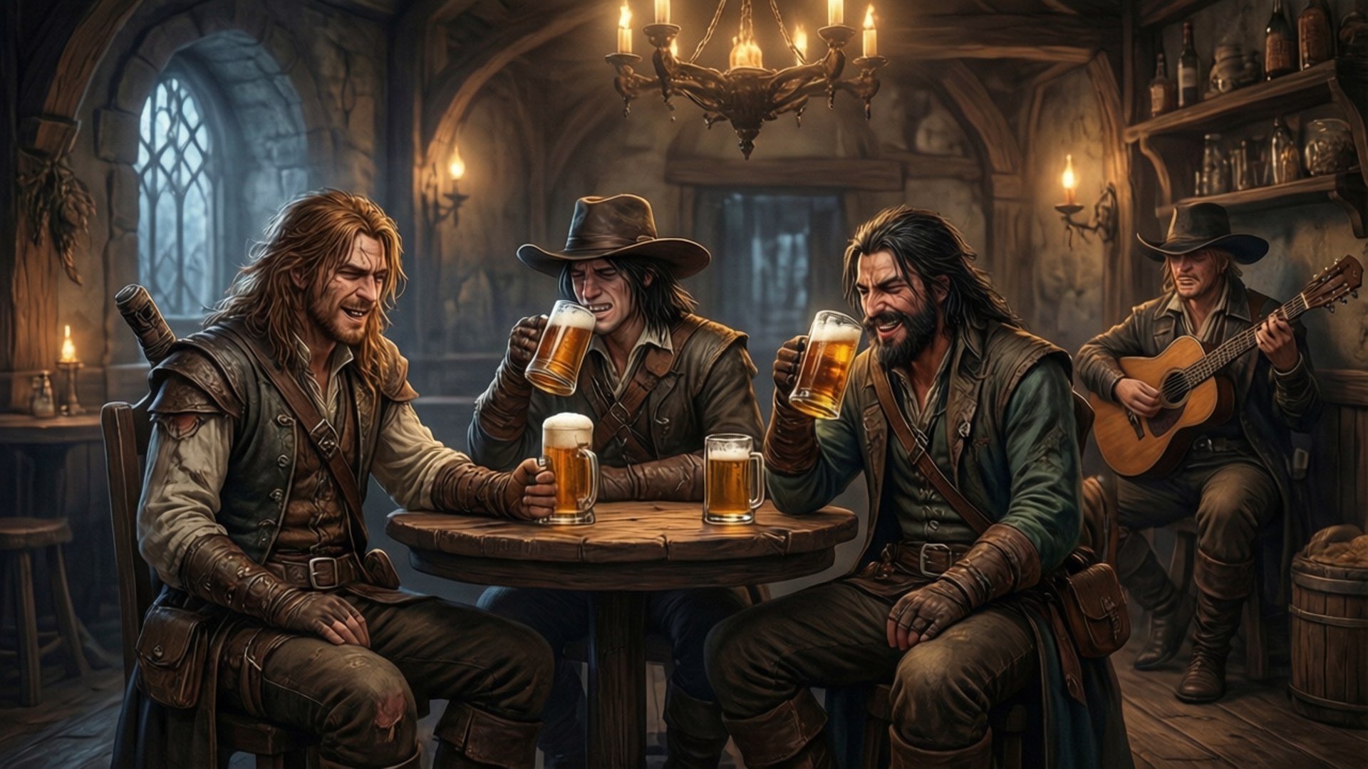 Heroes' Tavern 壁紙 — 三位粗獷的冒險家在燭光中世紀酒館的木桌旁舉杯暢飲啤酒，第四位則在彈奏吉他。
