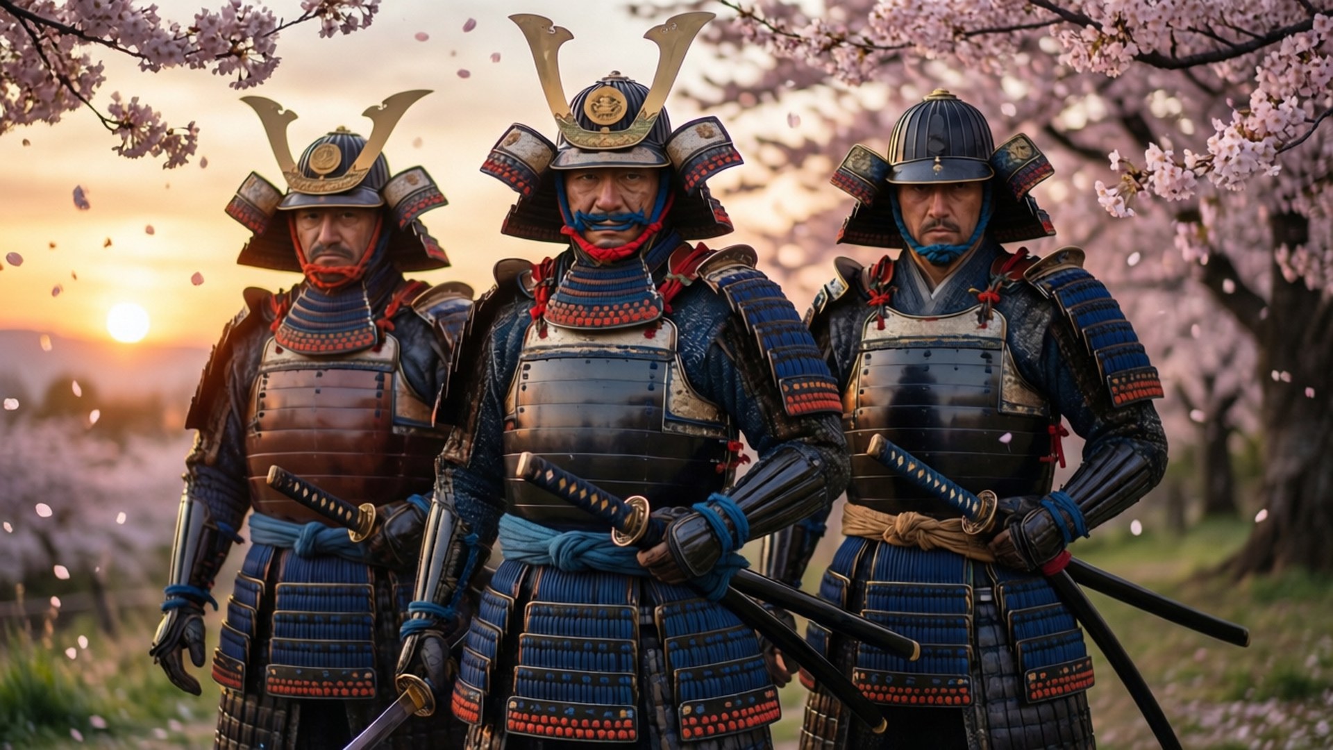 Samurai Knights 壁紙 — 三名身穿華麗藍色和紅色鎧甲的武士莊嚴地站在盛開的櫻花樹下，夕陽在他們身後閃耀。