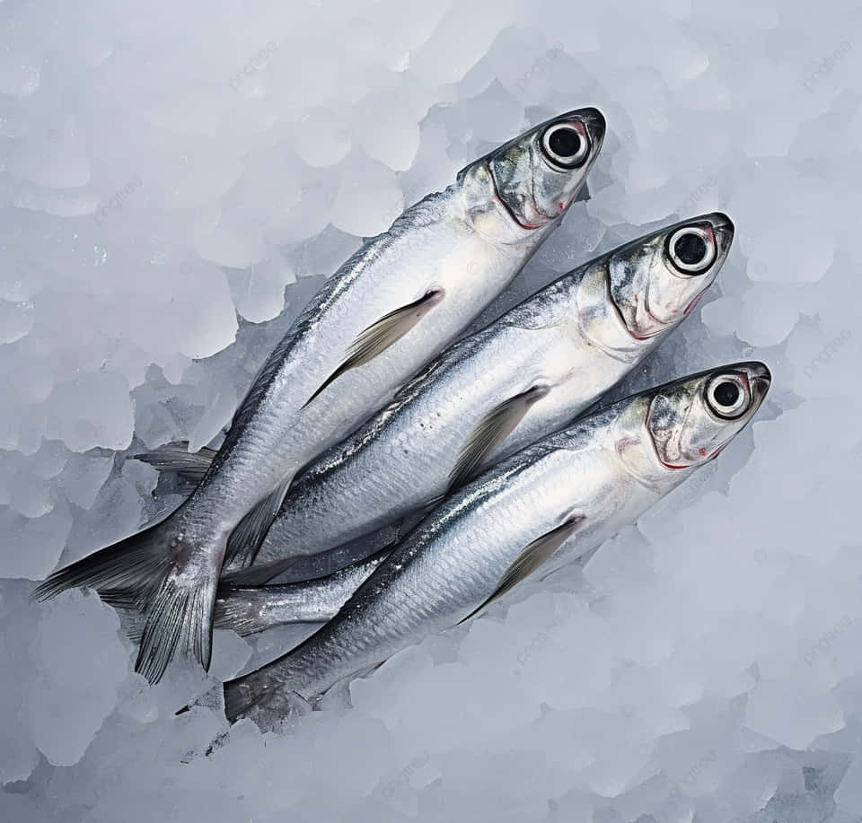 壁紙 — 三條銀色大眼魚躺在碎冰床上，俯視角度。