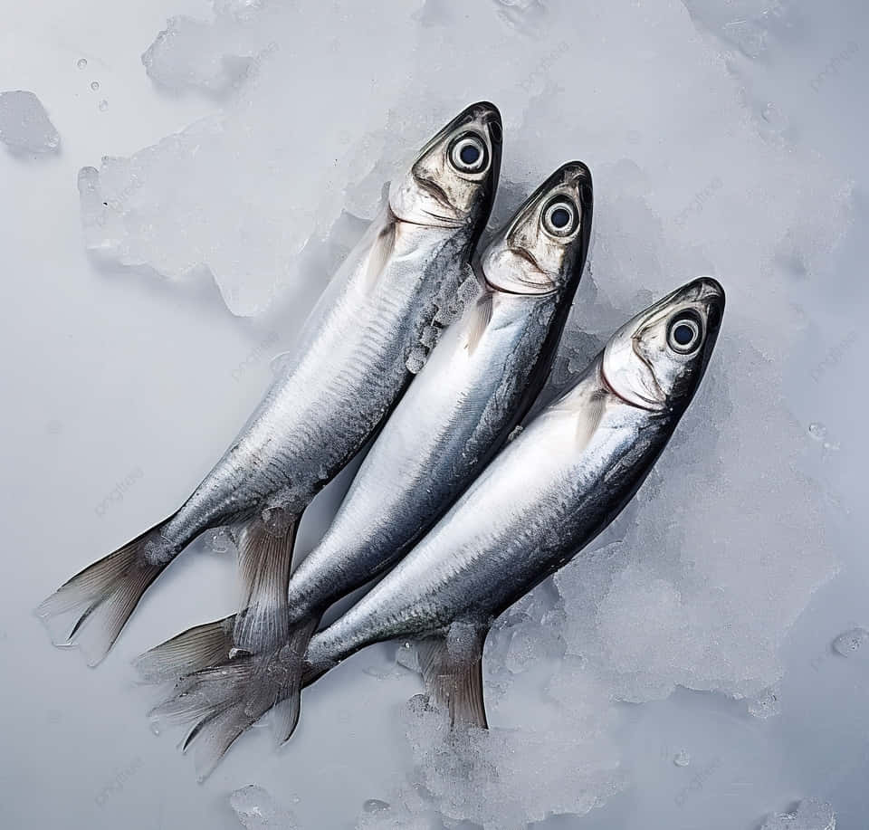  壁紙 — 三條銀色大眼魚躺在碎冰床上，魚鱗在強光下閃閃發光。