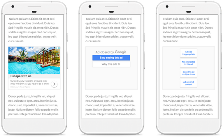 三部顯示旅行廣告和廣告關閉選項的電話。 — Google 壁紙