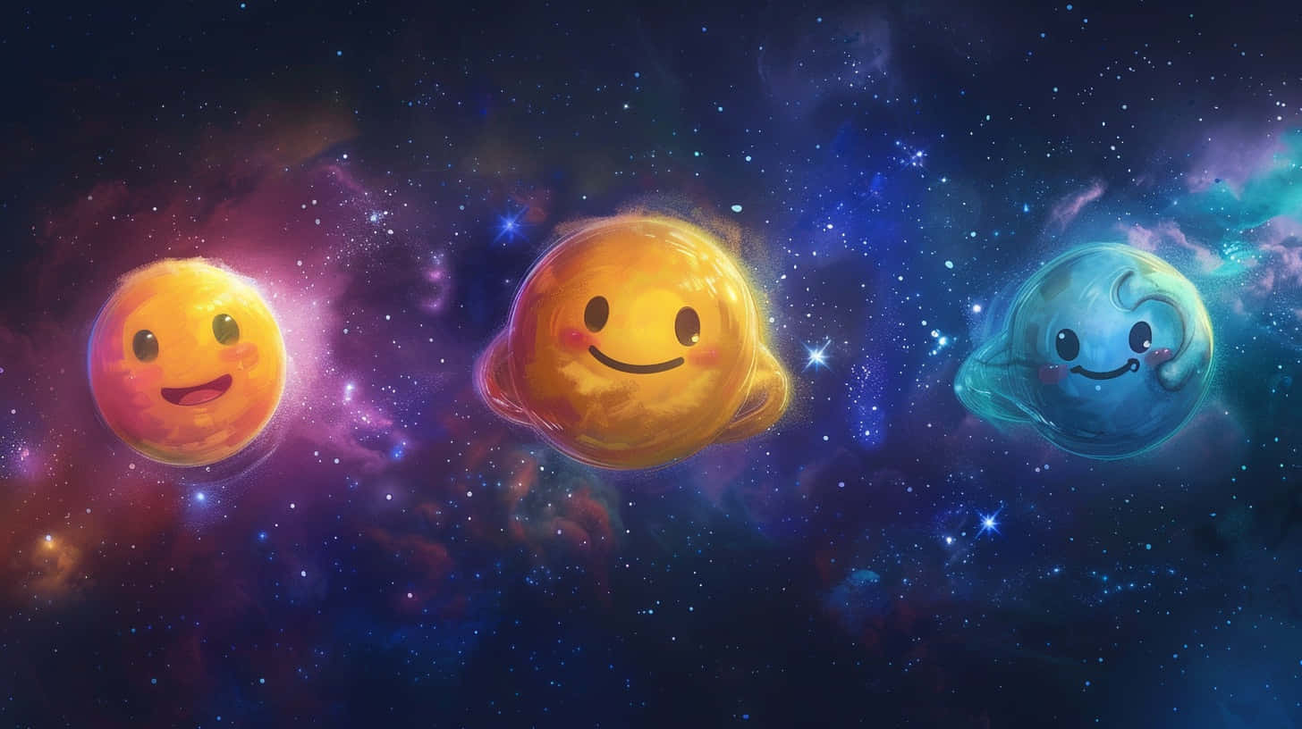 壁紙 — 三個帶有笑臉的卡通行星在充滿星星的鮮豔宇宙星雲中快樂地漂浮。