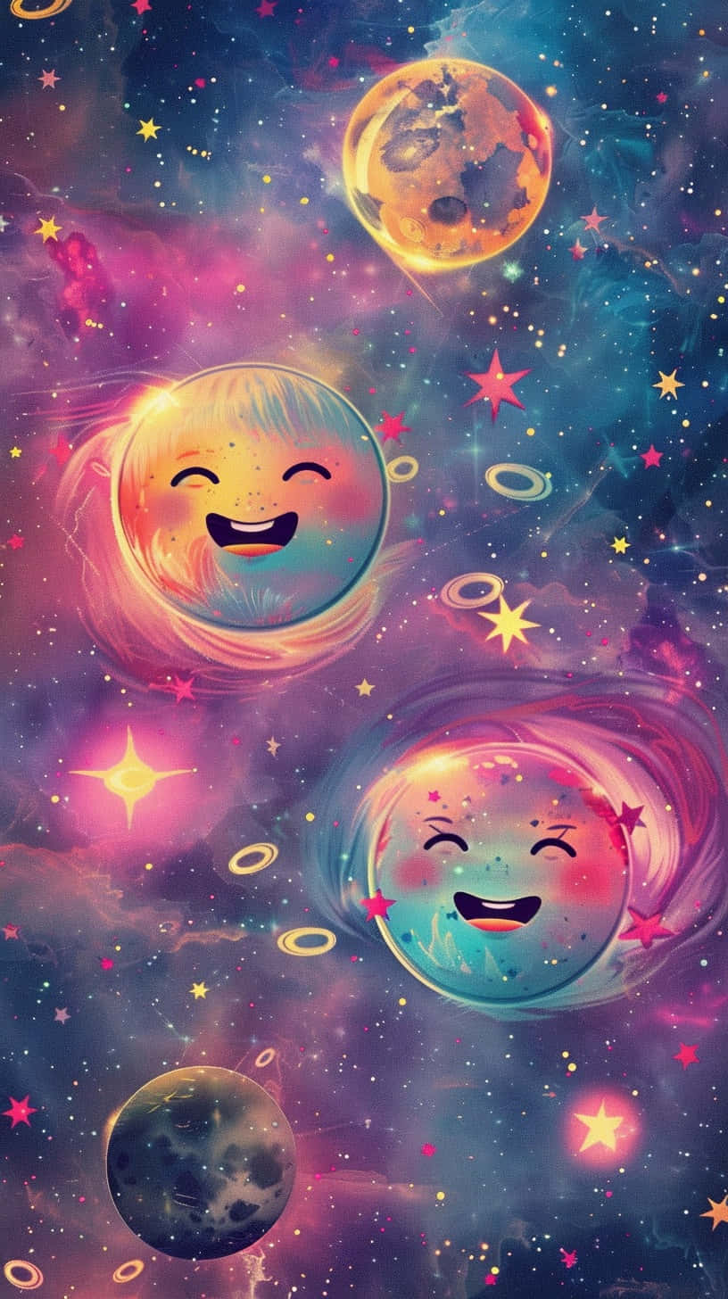  壁紙 — 三個微笑的卡通行星，頭髮發光，在色彩繽紛的星星和宇宙漩渦中快樂地漂浮。