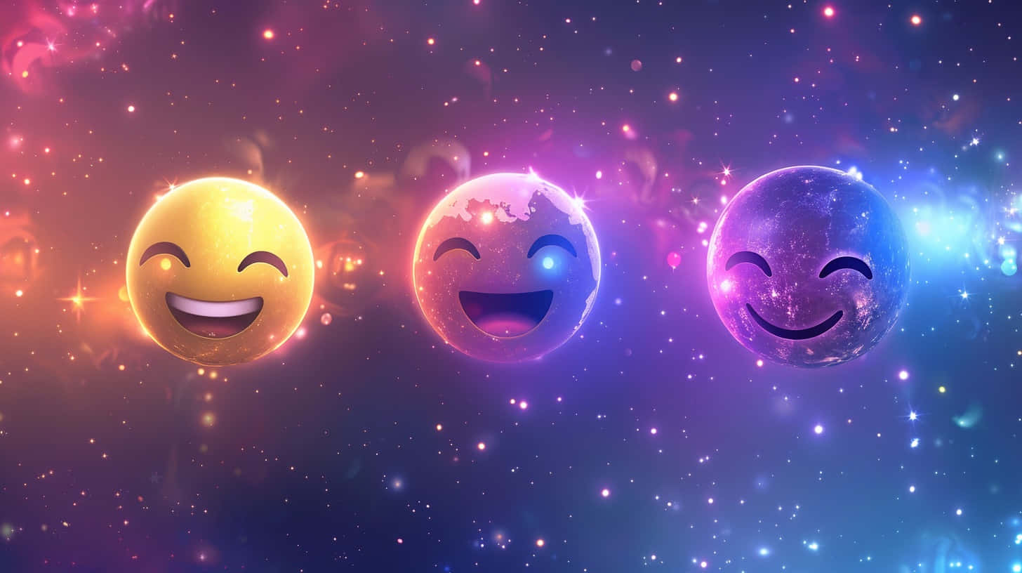  壁紙 — 三個微笑的表情符號行星在充滿閃爍星星的鮮豔宇宙星雲中快樂地發光。