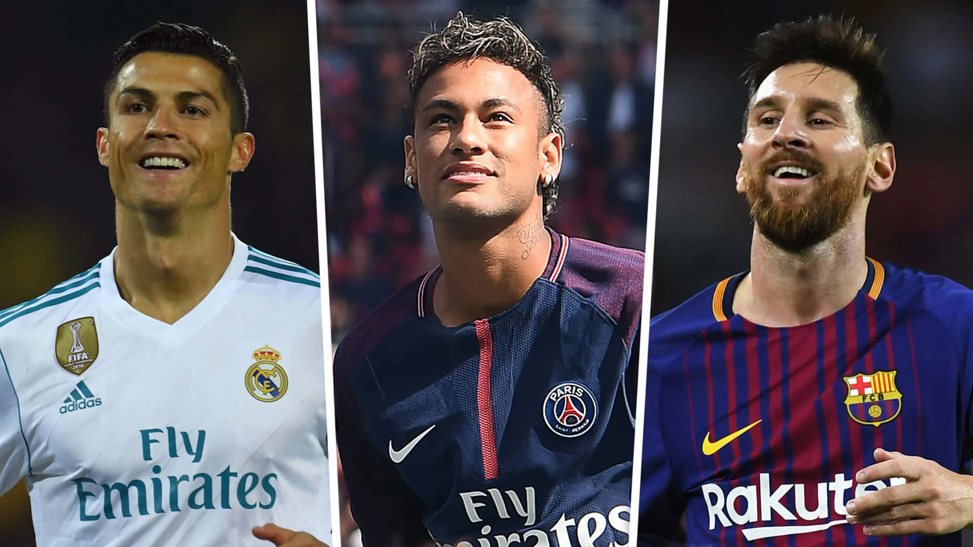 三位身穿球隊球衣微笑的足球運動員在夜晚 — 梅西 PSG 壁紙
