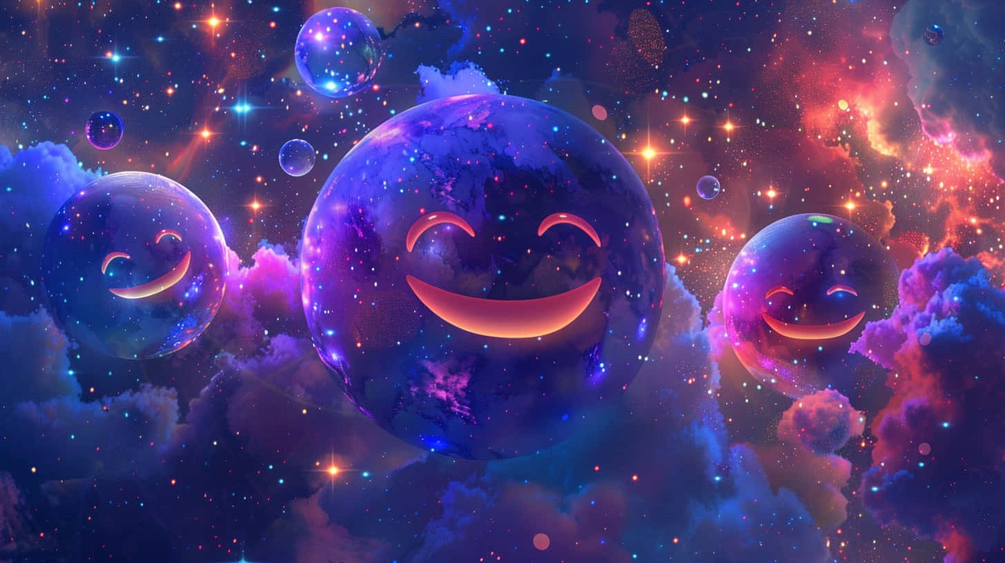  壁紙 — 三個微笑的行星帶有發光的臉龐，漂浮在色彩繽紛的宇宙雲和閃爍星星之間，處於一個充滿活力的星系中。