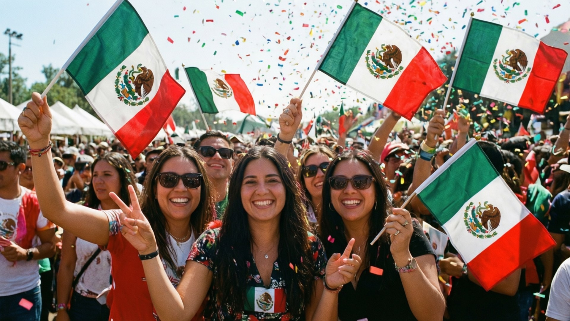 Fiesta de Banderas 壁紙 — 三位微笑的女性揮舞墨西哥國旗並做出和平手勢，彩色紙屑如雨般灑落在熱鬧的戶外慶祝活動中。