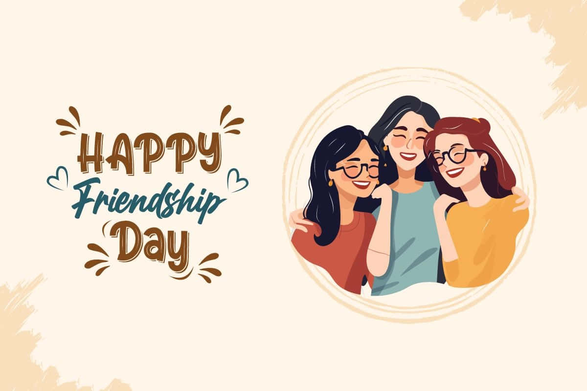  壁紙 — 三位戴眼鏡的微笑女性在圓形框架內溫暖擁抱，旁邊有「Happy Friendship Day」文字。