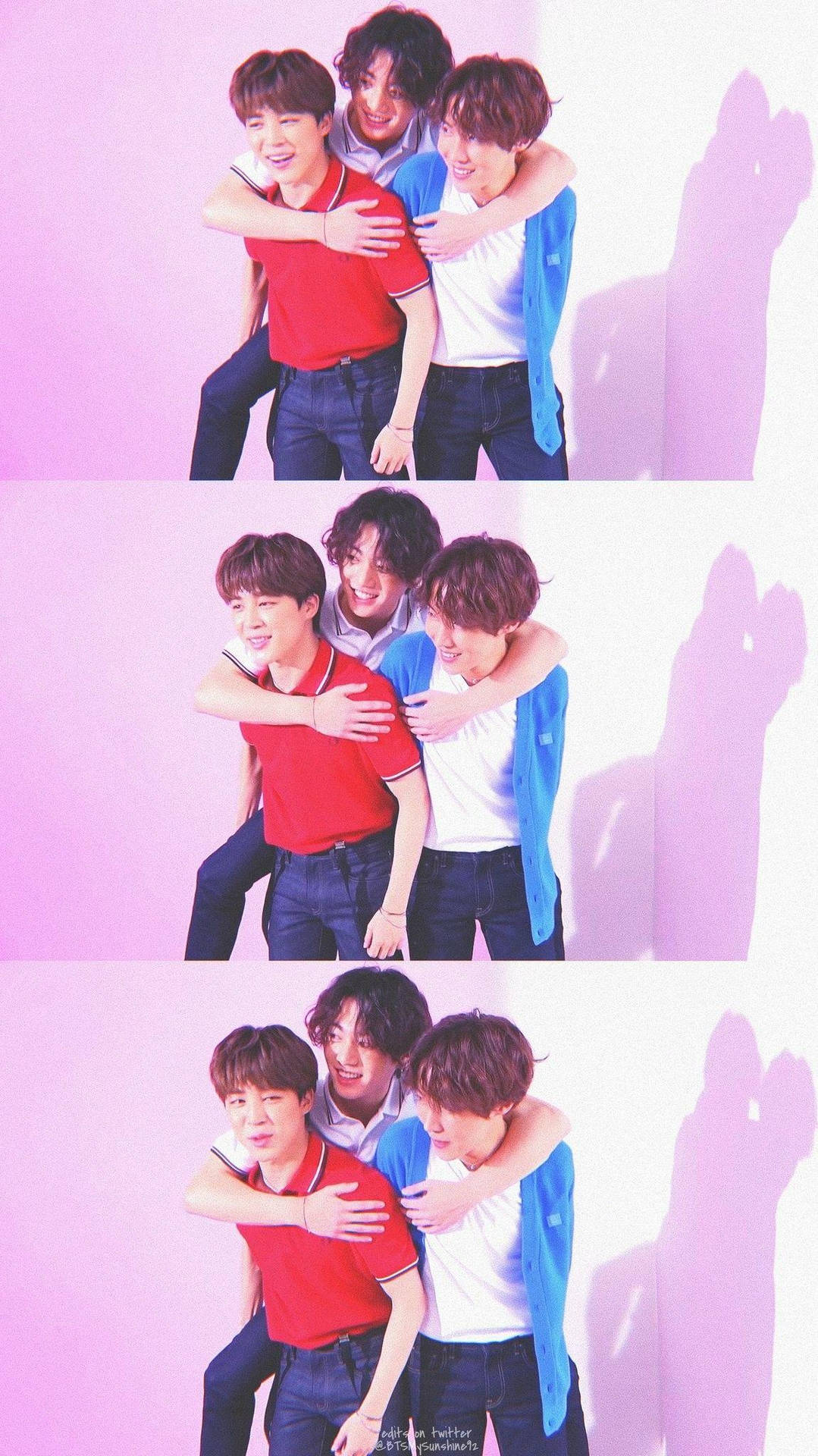 三位年輕男子在粉紅色工作室中擁抱和微笑。 — Bts 壁紙