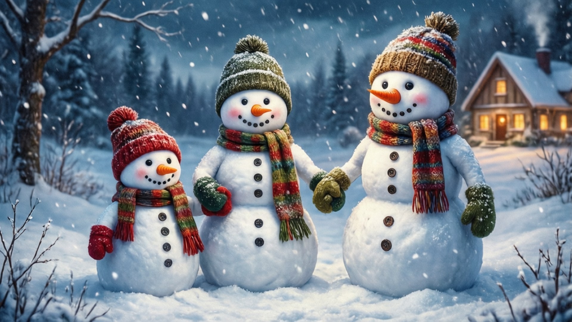 Snowman Family Holding Hands 壁紙 — 三個雪人戴著色彩繽紛的針織帽、圍巾和手套，手牽手站在雪地森林中，背景是一座溫暖亮燈的小屋。