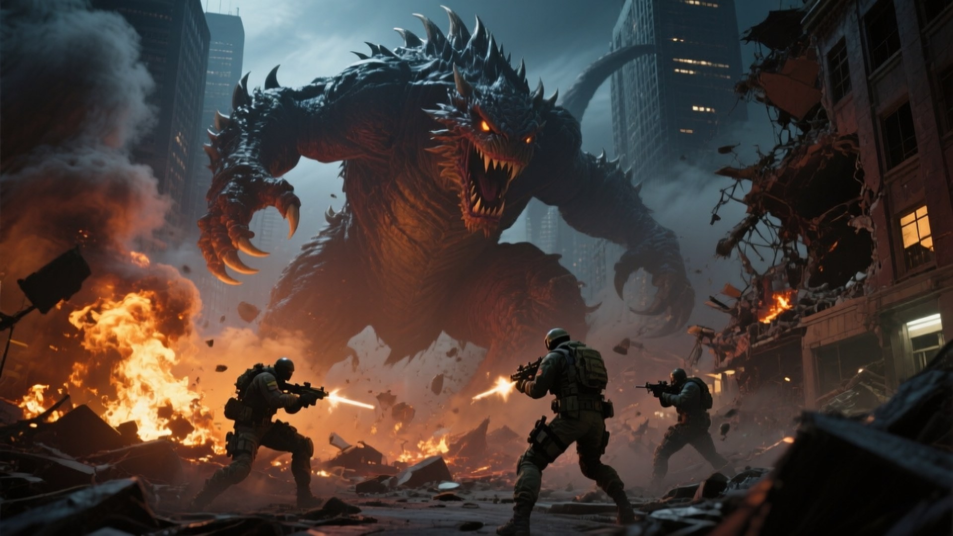 Danger Beast Attack 壁紙 — 三名士兵在燃燒的瓦礫和倒塌的摩天大樓中向巨大的尖刺怪物開火。