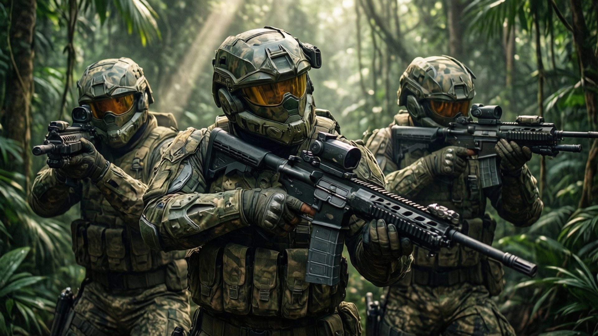 Jungle Patrol 壁紙 — 三名身穿全套迷彩服和頭盔的士兵在茂密的叢林中持步槍警覺地站立，陽光透過樹冠灑落。