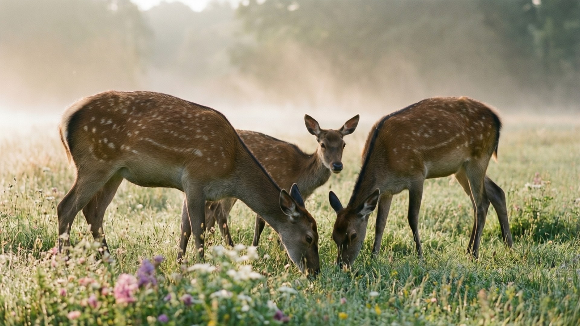 Deer in Misty Meadow 壁紙 — 三隻斑點鹿在陽光明媚、點綴著野花和薄霧的草地上平靜地吃草。