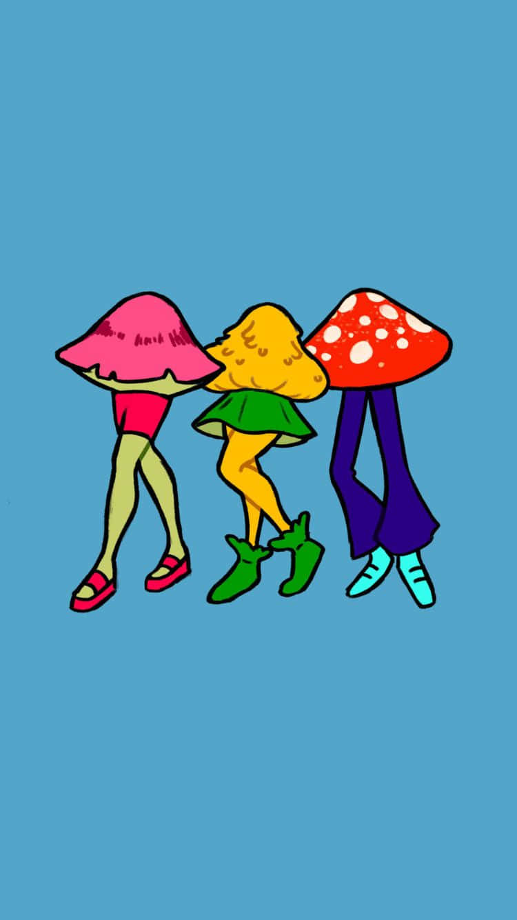  壁紙 — 三個風格化的蘑菇角色，帶有彩色帽子和腿，在純藍色背景上並排行走。