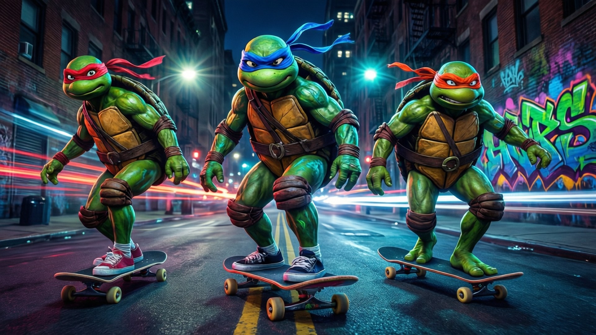 Skateboard Ninjas 壁紙 — 三隻變種忍者龜在夜晚踩著滑板沿著霓虹燈照亮的城市街道滑行，牆上佈滿塗鴉，並有光跡劃過。