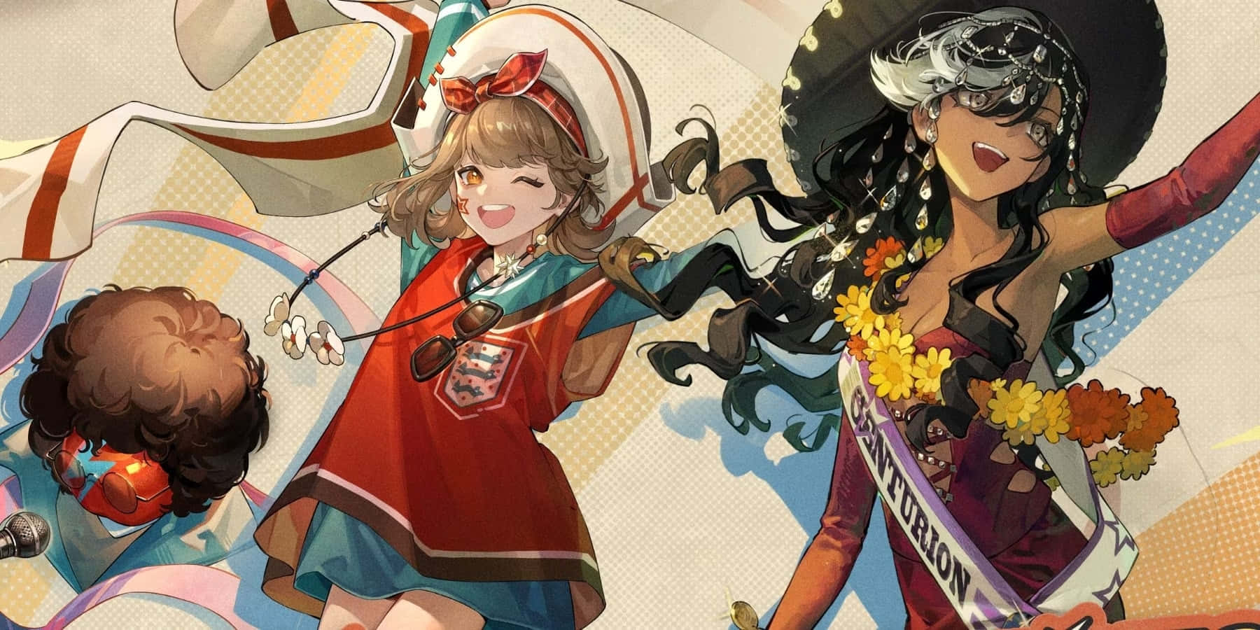  壁紙 — 三個充滿活力的動漫女孩穿著節日服裝，在色彩繽紛的抽象背景前充滿活力地跳舞。