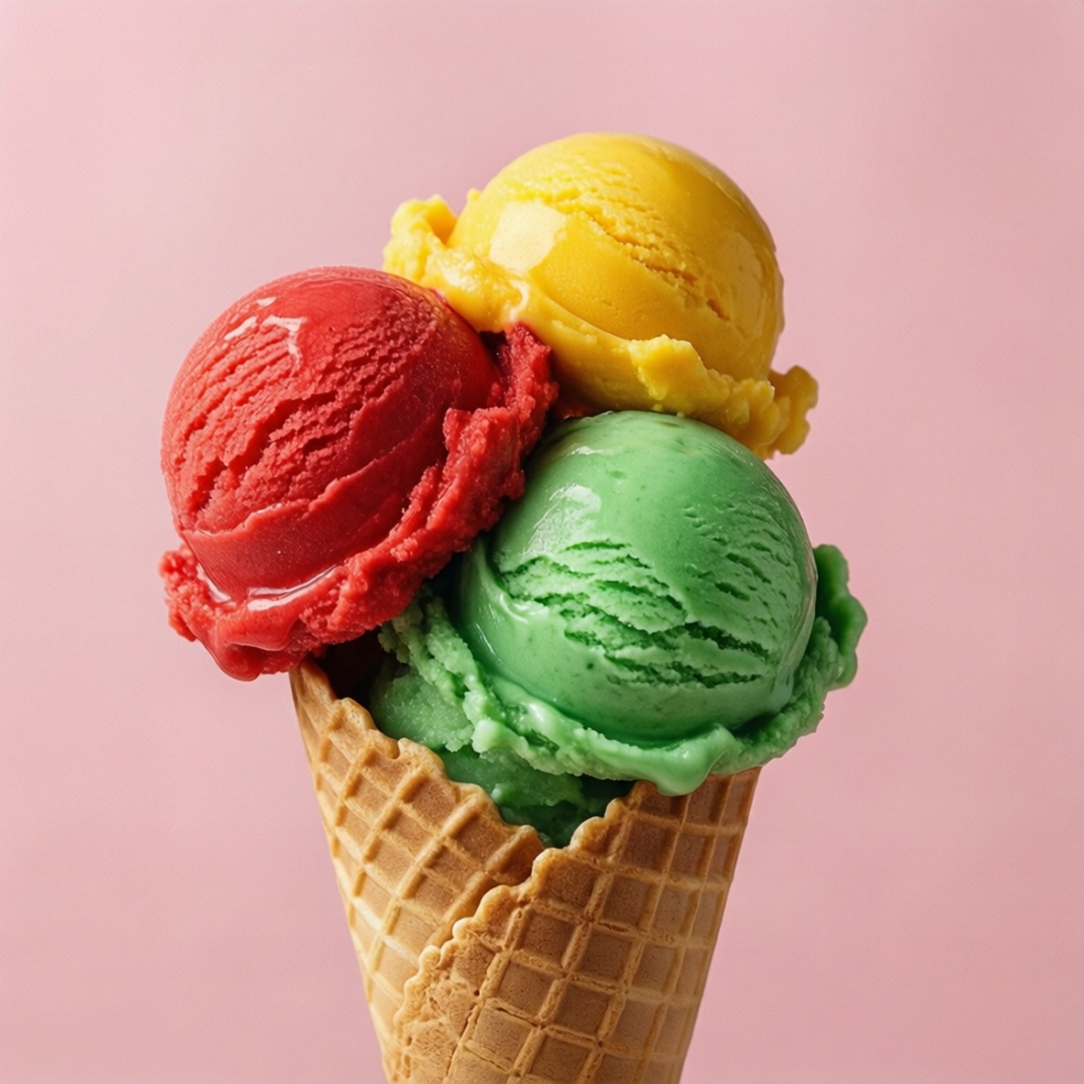 Rainbow Sorbet Trio 壁紙 — 三個鮮豔的紅色、黃色和綠色冰淇淋球放在金色鬆餅筒上，背景是柔和的粉紅色。