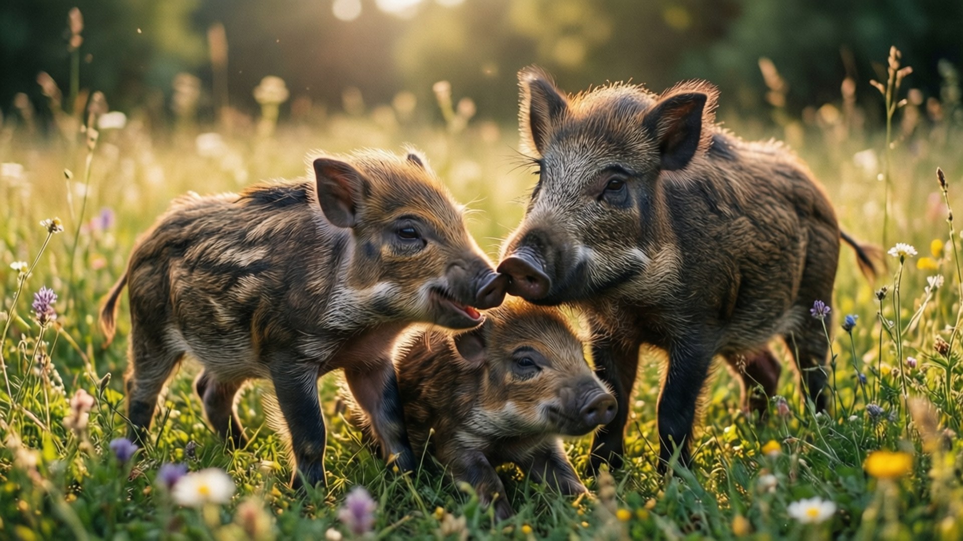 Playful Piglets in Meadow 壁紙 — 三隻野豬幼崽在陽光明媚、開滿野花的草地上互相依偎。