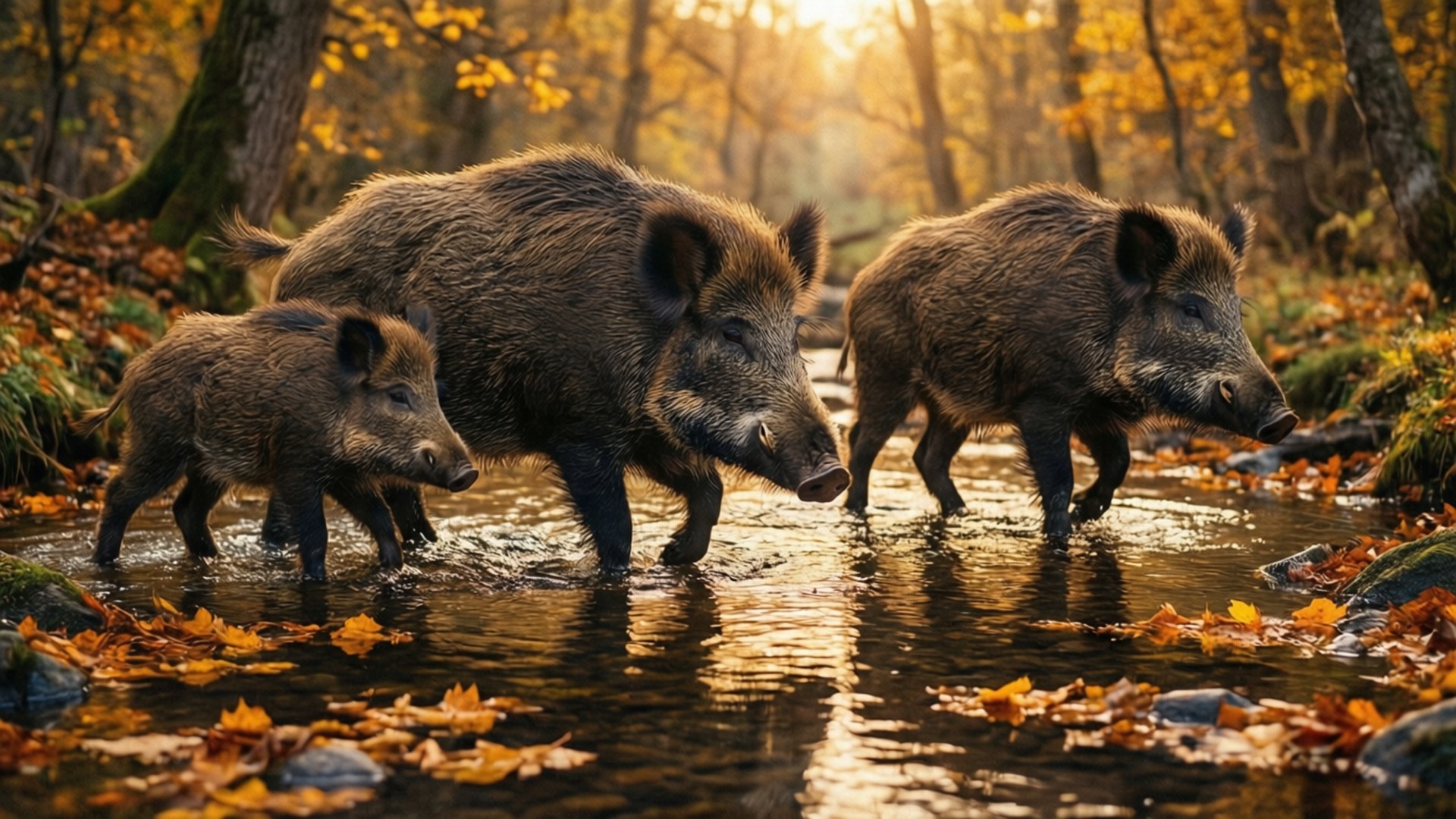 Autumn Stream Crossing 壁紙 — 三隻野豬涉水穿過一條淺溪，周圍是金黃色的秋葉和樹木。