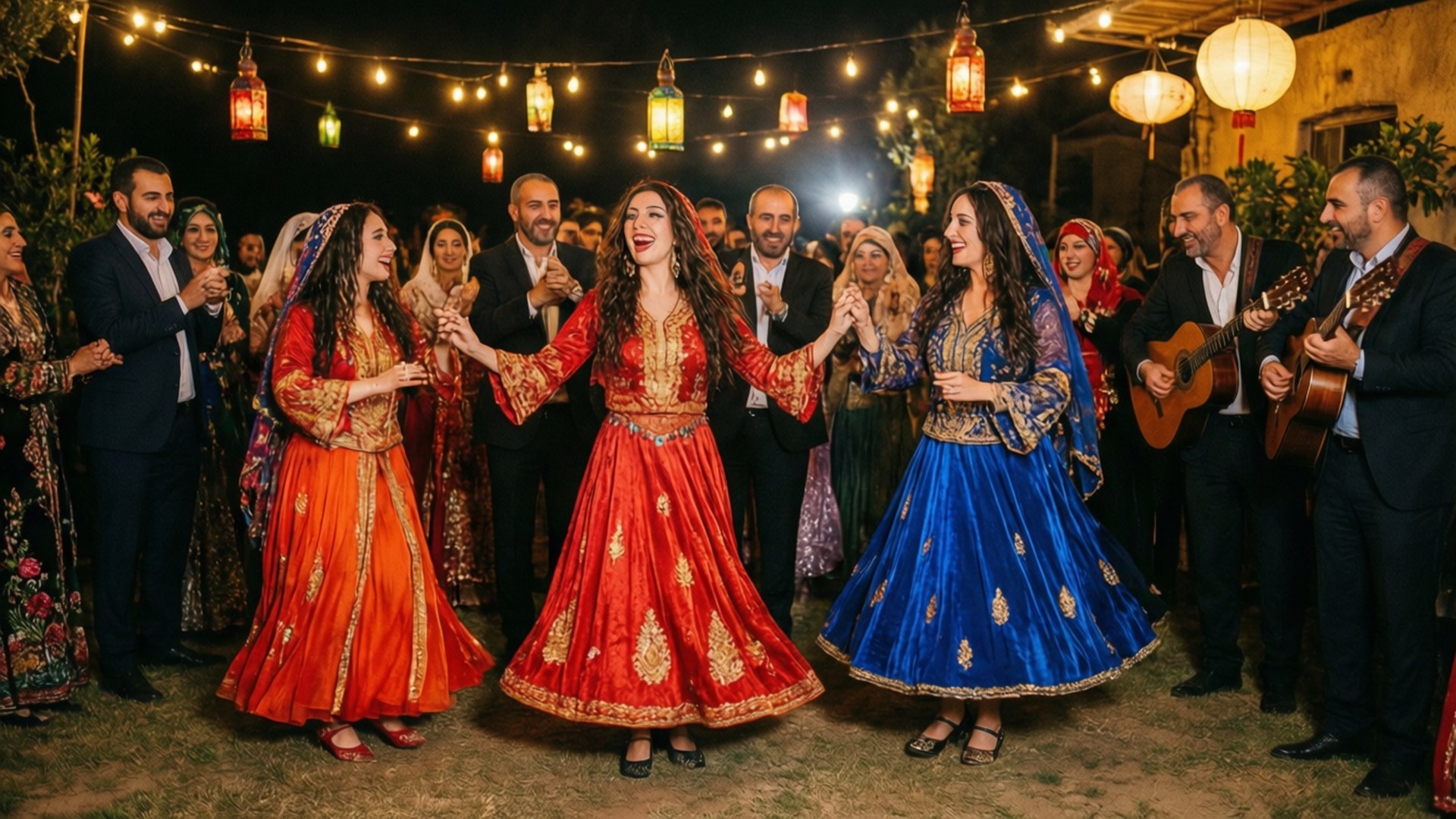 Syrian Wedding Joy 壁紙 — 三位身穿鮮豔傳統服飾的女性在戶外慶祝活動中，在燈串下歡快地跳舞。